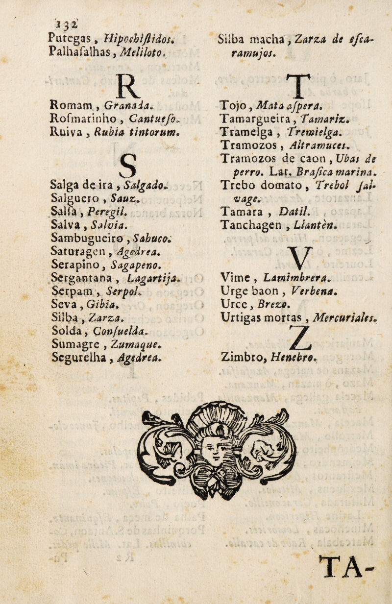 í 3£ Pa regas, 'Ripochiftidosi Paihafalhas, Meliloto. Silba macha , Zarza de jefta- ramujos. R Romam, Granada. Rofmarinho, Cantuefo«, Ruiva y Rubia tintorum• s Salga de ira , Salgado* Salguero , &»»£» Salía , Pe regil. Salva, Salvia. Sambugueiro, Sahuca¿ Satura gen, Agedrea. Serapino, Sagapeno. Sergantana , Lagartija» Ser pañi, Serpol. Se va, Gibia. Silba j Zarza. Soída, Con/uelda. Sumagre , Zumaque. Segurelha, Agedrea. T Tojo, Mata a/pera. Tamargueira, Tamariz. Tramelga , Tremielga. Tramozos, Altramuces. Tramozos de caon , Ubas de perro. Lar, Brafica marina. Trebo domato, Trébol JaU vage. Tamara , Datil. Tanchagen , Llantén. y Vime , Lamimbrera. Urge baon , Verbena. Urce, Brezo. Urtigas morras , Mercuriales. z Zimbro, Henebro»