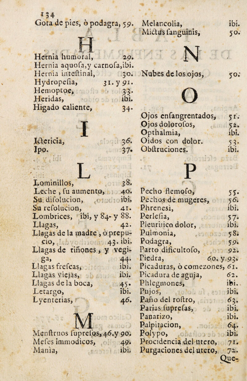 * 34 Gota de pies, ò podagra, 59, Hernia humoral, 29. Hernia aquofa,y c arnofa,ibi. Hernia i.ríteftinal, 30. Hydropeíia, 31. y 91. Hemoptoe, 33* Heridas, ibi. Higado caliente, 34* i Ictericia, 36. Ipo. a i * • 37* L Lominillos, i 8. Leche , fu aumento, 40. Su diíolucion, ibi. Su refolucion, 41. Lombrices, ibi, y 84- y 88. Llagas, 42. Llagas de la madre , ò prepu- cío, 43. ibi. Llagas de riñones , y vegi- ga> 44. Llagas frefcas, ibi. Llagas viejas, ibi. Llagas de la boca, 45* Letargo, ibi. Lyenterias, 46. Mcnftruos fu p reí os, 46,7 90. Me fes ¡inmódicos, 49. Mania, ibh Melancolia, Midus fanguinis, V’ N Nubes de los ojos, Ojos enfangrentados, Ojosdoloroíos, Opthaimia, Oidos con dolor. Obftruciones. p ibí. 5°- 5°; 5*- 52, ibí. 5 3* ibi. Pecho flemofoj 5J. Pechos de mugeres, 56. Phrenesi, ibi. Pedeíia, 57. Pleuritico dolor, ibí. Pulmonía, 58. Podagra, 59* Parto dificultofo, 92. Piedra, 60. y.93* Picaduras, 6 comezones, 61. Picadura de aguja, 62. Phlegmones, ibi.. Pujos, ibi. Paño del roftro, 63. Parias íuprefas, ibi. Panarizo, ibi. Palpitación, 64. Polypo, ibi. Procidencia del útero, 7 r. Purgaciones del útero, 72. Que-