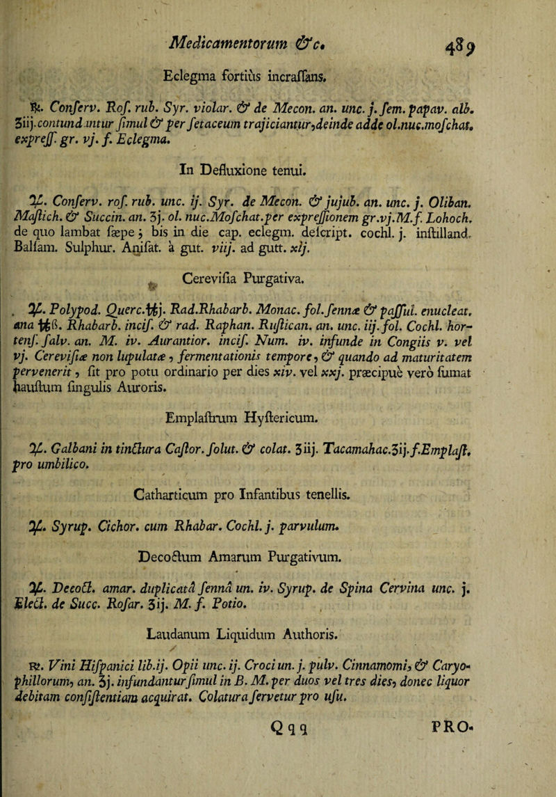 Medicamentorum &amp;c* Eclegma fortius incraflans# 4?^ ^4. Conferv» Rof. rui. Syr. violar, &amp; de Mecon, an. unc. j.fem.pa^av. alb, Znycontundmtur Jimul&amp; per fet acewn trajiciantur ^deinde adde ol.nm.mojchau efcpreJJ'. gr. vj. f. Eclegma. In Defluxione tenui. Conferv. rof. riih. unc. ij. Syr. de Mecon. &amp; jujuh. an. unc. j. Olihan, M(^ich. &amp; Succin. an. 5j. ol. nuc.Mofchat.per exprejfionem gr.vj.M.f. Lohoch. de quo lambat fsepe j bis in die cap. eclegm. delcript. cochl. j. inftilland, Baliam. Sulphur. Aiiifat. a gut. viij. ad gutt. xlj. Cerevifia Purgativa. . Polypod. Querc.^j. Rad.Rhabarb. Monae, fol.fennat &amp; paJfuL enucleat, ana Rhabarb. incif. &amp; rad. Raphan. Riijlican. an. unc. iij.fol. Cochl. hor^ tenf. falv. an. M. iv. Aurantior. incif. Num. iv. infunde in Congiis v. vel vj. Cerevifia non liipulata ? fermentationis tempore^ &amp; quando ad maturitatem pervenerit 5 fit pro potu ordinario per dies xiv. vel xxj. praecipue vero fiimat hauftum lingulis Auroris. Emplaflmm Hyftericum. Galbani in tinClura Cajlor.folut. &amp; colat. Shj- Tacamahac.SiyfEmplaJl, pro umbilico. Catharticum pro Infantibus tenellis. Of.. Syrup Cichor. cum Rhabar. Cochl. j. parvulum* Deco6lum Amarum Purgativum. # Deco6l. amar. duplicatd fennd un. iv. Syrup. de Spina Cervina unc. j. £/r(2. de Siicc. Rofar. 3ij. M. f. Potio. Laudanum Liquidum Authoris. Vini Hifpanici lib.ij. Opii iinc.ij. Croci un. j. pulv. Cinnamomh &amp; Caryo>* phillorumy an. 3j. infundanturfimiil in B. M. per duos vel tres diesj donec liquor debitam confjlentiam acquirat. Colatura fervetur pro ufu. PRO-