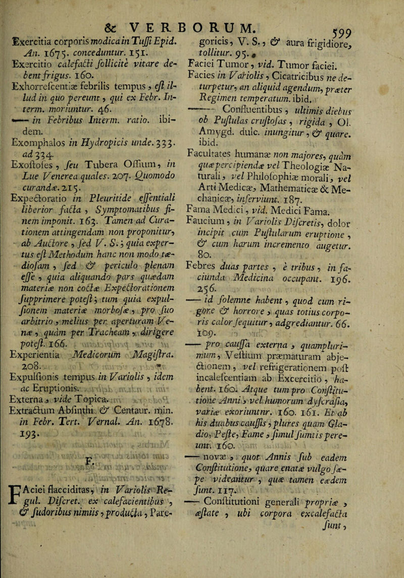 Exercitia corporis modica in TiiJJi Epid. An. 1675. conceduntur. 151. Exercitio calefadi follicite vitare de^ bent frigus. 160. Exhorrercentise febrilis tempus ^ ejl iU lud in quo pereunt 5 qui ex Febr. In-- term. moriuntur. 46. in Febribus Interm. ratio, ibi¬ dem. Exomphalos in Hydropicis iinde.'^^^. ad 334. Exoftofes •) /eu Tubera Offiiim, in Lue Venerea quales. 2,07. Quomodo curanda. 2,1 Expedioratio in Pleuritide ejfentiali liberior faCla y Symptomatibus fi¬ nem imponit. 163. Tamen ad Cur ac¬ tionem attingendam non pro^onitur-y ab Auciore , fed V» S. y quia exper¬ tus efi Methodum hanc non modo tce- diqfam , fed & periculo plenam ejje y quia aliquando pars quaedam materia non coda Expedorationem fupprimere potefi j tum quia expul- fionem materia morbofa y pro fuo I arbitrio y melius fer aperturam Ve- I na y quam per Tracheam y dirigere foteji. 166. Experientia Medicorum Magijlra» 208.. • Expulfionis tempus in Variolis y idem ac Eruptionis. Externa jj vide T opica. Extraftum Abfinthi, & Centaur. min. in Febr, Tert. VernaL An. 1678, F. .i ‘ ''3 Aciei flacciditas, in Variolis Re- guL Difcret. ex calefacientibus y & fudor ibus nimiis y produCUi y Pare^ goricis, Y.S.y & aura frigidiore, tollitur. 95. # Faciei Tumor, vid. Tumor faciei. Facies in Variolis y Cicatricibus ne de¬ turpetur y an aliquid agendiimy prater Regimen temperatum, ibid. — Confluentibus , ultimis diebus ob Pujtulas crujlofds, rigida y Ol. Amygd. dulc. inungitur y & quare. ibid. Facultates humanse non majoresy quam qua percipienda vel Theologia Na¬ turali, i^e/Philofophias morali, vel Arti Medicas, Mathematiese dc Mq- dvdnicxy inferviunt. 187. Fama Medici 5 vid. Medici Fama. Faucium y in Variolis Diferetisy dolor incipit cum Piijlularum eruptione , & cum harum incremento augetur. 80. Febres duas partes y e tribus y in fa- ciunda Medicina occupant. 196. 256. -id folemne habent y quod cum ri¬ gore & horrore , quas totius corpo¬ ris calor/equitur y adgrediantur. 66. 109. -pro caujfa externa , quampluri- mum.) Veflium praematuram abje- dionem, yel refrigerationem pofl: incalefcentiam ab Excercitio', ha¬ bent. i6q. Atque tumfro Conjlitu- tione Anni, vel humorum dyfcrafiay varia exoriuntur. 160. 161. Et ab his duabus caujfis y plures quam Gla¬ dio-, PeJlej Fame y fimiil fumtis pere¬ unt. 160. — novas , quot Annis fub eadem Confiitutipncy quare enata vulgo fa- pe videantur , qua tamen eadem funt.ii^. -Conlliitutioni generali propria , ajlate y ubi corpora excalefada funi y