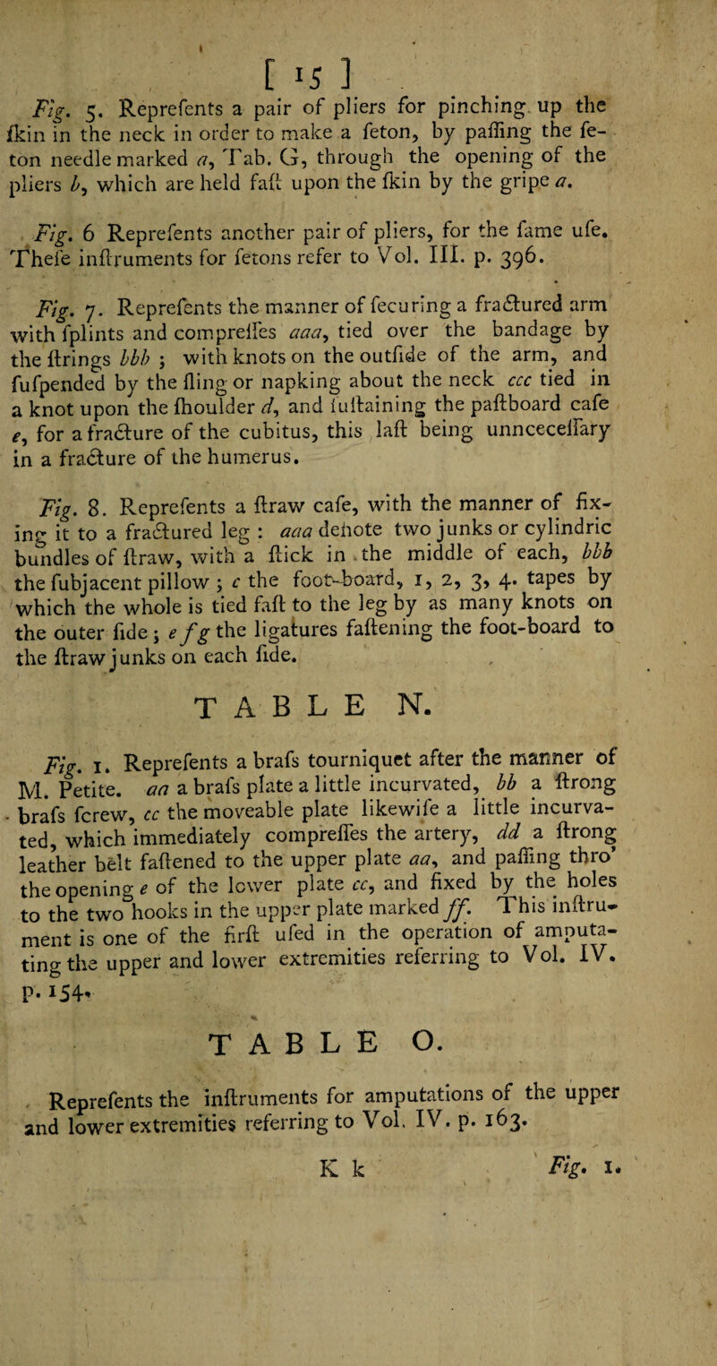 [ '5 ] Fig. 5. Reprefents a pair of pliers for pinching up the jfkin in the neck in order to make a feton, by paffing the fe- ton needle marked <7, Tab. G, through the opening of the pliers which are held faft upon the fkin by the gripe a. Fig. 6 Reprefents another pair of pliers, for the fame ufe. Theie inftruments for fetons refer to Vol. III. p. 396. Fig. 7. Reprefents the manner of fecuring a fra&ured arm with fplints and comprelfes aaa, tied over the bandage by the firings bbb ; with knots on the outfide of the arm, and fufpended by the fling or napking about the neck ccc tied in a knot upon the fhoulder d, and iuftaining the paftboard cafe e, for afra&ure of the cubitus, this laft being unncecelfary in a fradture of the humerus. Fig. 8. Reprefents a ftraw cafe, with the manner of fix- in^ it to a fra&ured leg : aaa deiiote two junks or cylindric bundles of ftraw, with a ftick in the middle of each, bbb the fubjacent pillow ; c the foot-hoard, 1, 2, 3, 4* tapes by which the whole is tied faft to the leg by as many knots on the outer fide j ^ Jg the ligatures faftemng the foot-ooard to the ftraw junks on each fide. table n. Fig. i. Reprefents a brafs tourniquet after the manner of M. Petite, an a brafs plate a little incurvated, bb a ftrong • brafs fcrew, cc the moveable plate likewife a little incurva¬ ted, which immediately comprelfes the artery, dd a ftrong leather belt faftened to the upper plate aa, and pafling thro* the opening e of the lower plate cr, and fixed by the holes to the two hooks in the upper plate marked ff. This inftru- ment is one of the hrft ufed in the operation of amputa¬ ting the upper and lower extremities referring to Vol. IV. p. 154, table o. Reprefents the inftruments for amputations of the upper and lower extremities referring to Vol. IV. p. 163. K k Fig. 1. \ '