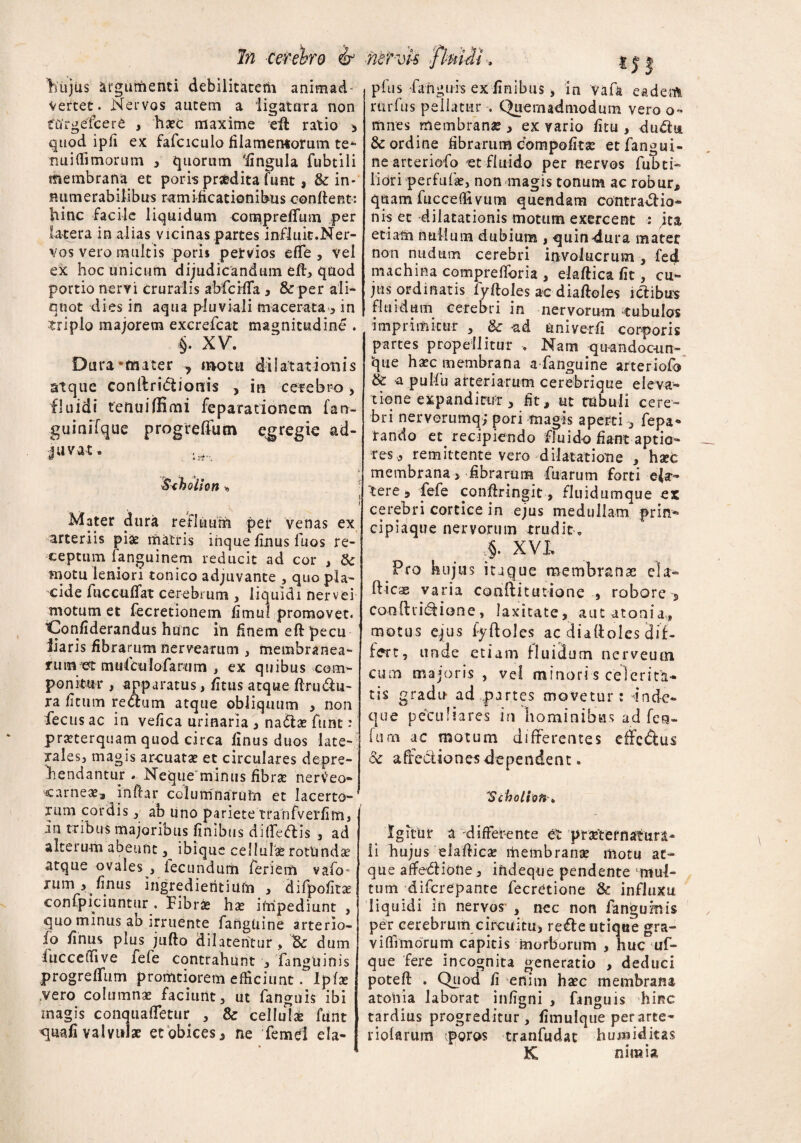 hujus argunhenti debilitatem animad¬ vertet. Nervos autem a ligatura non ftfrgefcere , haec maxime eff ratio , quod ipli ex fafciculo filamentorum te*- miidimorum , quorum 'fingula fubtili membrana et poris praedita funt, & in¬ numerabilibus ramificationibus condent: hinc facile liquidum compreffum per latera in alias vicinas partes influit.Ner¬ vos vero multis poris pervios effe, vel ex hoc unicum dijudicandum eff, quod portio nervi cruralis ahfcHfa , & per ali¬ quot dies in aqua pluviali macerata, in triplo majorem excrefcat magnitudine . §. XV. Dura -mater , motu dilatationis atque conllridtionis , in cerebro■, fluidi tenuiffimi feparationem fan- guinifque progreffum egregie ad¬ juvat . Scbolien •« Mater dura refluum per venas ex arteriis piae matris inque finus fuos re¬ ceptum fanguinem reducit ad cor , tk motu leniori tonico adjuvante , quo pla¬ cide fuccuffat cerebrum , liquidi nervei motum et fecretionem fimul promovet. Confiderandus hunc in finem eff pecu liaris fibrarum nervearum , membranea¬ rum et mufcuiofanjm , ex quibus com¬ ponitur , apparatus, fi tus atque ftru&u- ra fitum re&um atque obliquum , non fecus ac in vefica urinaria , na<5lae funt : pmerquam quod circa linus duos late¬ rales, magis arcuatae et circulares depre¬ hendantur . Neque minus fibras nerVeo- carneae3 indar columnarum et lacerto¬ rum cordis , ab uno pariete tranfverfim, in tribus majoribus finibus didedis , ad alterum abeunt, ibique cellulae rottindae atque ovales , lecundum feriem vafo- rum > finus ingredieritium , difpofitas confpiciuntur . Pibrje hae impediunt , quo minus ao irruente fanguine arterio¬ fo finus plus jufto dilatentur, Bc dum fucceffive fefe contrahant , fangtiinis progreffum promtiorem efficiunt. Ipfae .vero columnae faciunt, ut fanguis ibi magis conquaffetur , & cellulae funt quafi valvulae et obices, ne femel ela- pfus fanguis ex finibus, in vafa eadem rurfus pellatur . Quemadmodum vero o~ mnes membranae, ex vario fitu , dudu 8c ordine fibrarum compofitae etfangui- ne arteriofo et fluido per nervos fubti- liori perfufae, non magis tonum ac robur, quam fucceflivum quendam contractio¬ nis et dilatationis motum exercent : ita etiam nudium dubium , quin4ura mater non nudum cerebri involucrum , fed machina comprefibria , elaftica fit, cu¬ jus ordinatis fyfloles ac diaftoies ictibus fluidum cerebri in nervorum bubulos imprimitur , & nd univerfi corporis partes propellitur . Nam quandooun- vque haec membrana a fanguine arteriofo & a pulfu arteriarum cerebrique eleva¬ tione expanditur , fit, ut tubuli cere¬ bri nerverumq; pori magis aperti, fepa- rando et recipiendo fluido fiant aptio¬ res,, remittente vero dilatatione , haec membrana, fibrarum fuarum forti eia- tere 5 fefe conftringit, fluidumque ex cerebri cortice in ejus medullam prin¬ cipiaque nervorum trudit. §. XVI Pro hujus itaque membranae eia- fticae varia conftitutione , robore 5 coniitidione, laxitate, autatonia, motus ejus fyftoles ac dialloles dif¬ fert, unde etiam fluidum nerveuoi cum majoris , vel minori s celerita¬ tis gr adu ad partes movetur: dnde- que peculiares in hominibus ad fen- fum ac motum differentes effcdlus oc affectiones dependent. 'Scholioft * Igitur a differente et prsetemattira- li hujus elafiica? itiembranse motu at¬ que affediotie, indeque pendente mul¬ tum diferepante fecretione & influxu liquidi in nervos’ , nec non fanguimis per cerebrum circuitu, refte utiqee gra- viffimorum capitis morborum , huc uf- que fere incognita generatio , deduci poteft . Quod fi enim haec membrana atohia laborat infigni , fanguis hinc tardius progreditur, fimulque per arte¬ riolarum iporos tranfudat humiditas K nimia