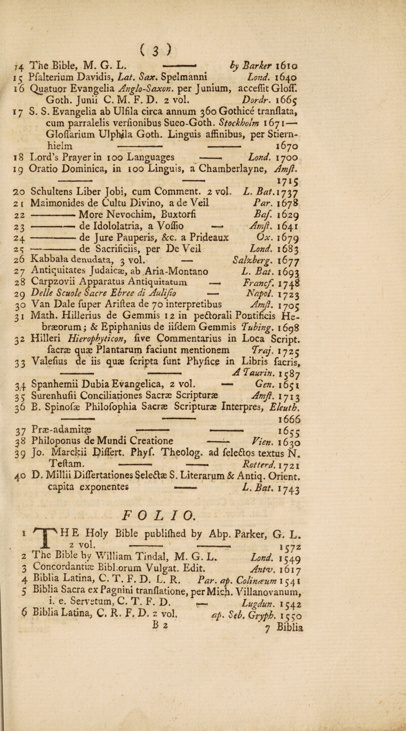 74 The Bible, M. G. L. ly Barhr l6io Lo7:d. 1640 15 Pralterium Davidis, Lat. Sax. Spelmanni 16 Quatuor Evangelia Anglo-Saxon. per Junium, acceflit GloiT. Goth. Junii C. M. F. D. 2 vol. Dordr. 1665 17 S. S. Evangelia ab Ulfila circa annum 360 Gothice tranflata, cum parralelis verlionibus Sueo-Goth. Stockholm 1671 — Gloffarium Ulph^ila Goth. Linguis affinibus, per Stiern- hieim -- - 1670 18 Lord’s Prayer in 100 Languages -- ' Lond. 1700 19 Oratio Dominica, in 100 Linguis, a Chamberlayne, Amjl. -- - 1715 20 Schultens Liber Jobi, cum Comment. 2 vol. L. Maimonides de Cultu Divino, a de Veii More Nevochim, Buxtorfi de Idololatria, a Voffio —■ de Jure Pauperis, kc. a Prldeaux de Sacrificiis, per De Veii Par. 1678 Baf. 1629 Amfi. 1641 Ox. 1679 Lond. 1683 Salzberg. 1677 L. Bat. 1693 Francf. 1748 Napol. 1723 Amji. 1705 2 l 22 23 24 25 . . 26 Kabbala denudata, 3 vol. 27 Antiquitates Judaica;, ab.Aria-Montano 28 Carpzovii Apparatus Antiquitatum —. 29 Delie Scuole Sacre Bbree di Aulijlo — 30 Van Dale fuper Ariflea de 70 interpretibus 31 Math. Hillerius de Gemmis 12 in peftorali Pontificis He¬ braeorum ; & Epiphanius de iifdem Gemmis Lubing. 1698 32 Hilleri Hierophyticony five (Commentarius in Loca Script. facr^e quae Plantarum faciunt mentionem Traj. 1725 33 Valefius de iis quae fcripta funt Phyfic^ in Libris facris, -~ . A Taurin. 34 Spanhemii Dubia Evangelica, 2 vol. — 1651 3 5 Surenhulii Conciliationes Sacrae Scripturae AmJi. 1713 36 B. Spinofae Philofophia Sacrae Scriptura Interpres, Eleuth. -^— - i555 37 Prae-adamit^ —-r ... 1655 38 Philoponus de Mundi Creatione -f- Pien. 160,0 39 Jo. Marcitii Differt. Phyf. Theolog. ad feleftps textus N. Teftam. - -- Rotterd. ly21 40 D. Millii Differtationes Seleto S. Literarum & Antiq. Orient. capita exponentes — FOLIO, t TT^HE Holy Bible publiffied by Abp. Parker, G. L. X 2 vol. - ' —- 1^72 2 The Bible by V/illiam Tindal, M. G. L. Lond. 1549 3 Concordantia: Bibl.orum Vulgat. Edit. Ant^. 1617 4 Biblia Latina, C. T. F. D. L. R. Par. ap. Colinaum 1541 5 Biblia Sacra ex Pagnini tranflatione, per Mi,c|i. Villanovanum, i. e. Servstum, C. X, F. D. ^ Lugdun. 1542 6 Biblia Latina, C» R. F. D. z vol, ap. Seb, Gtypb. i cco B 2 Biblia