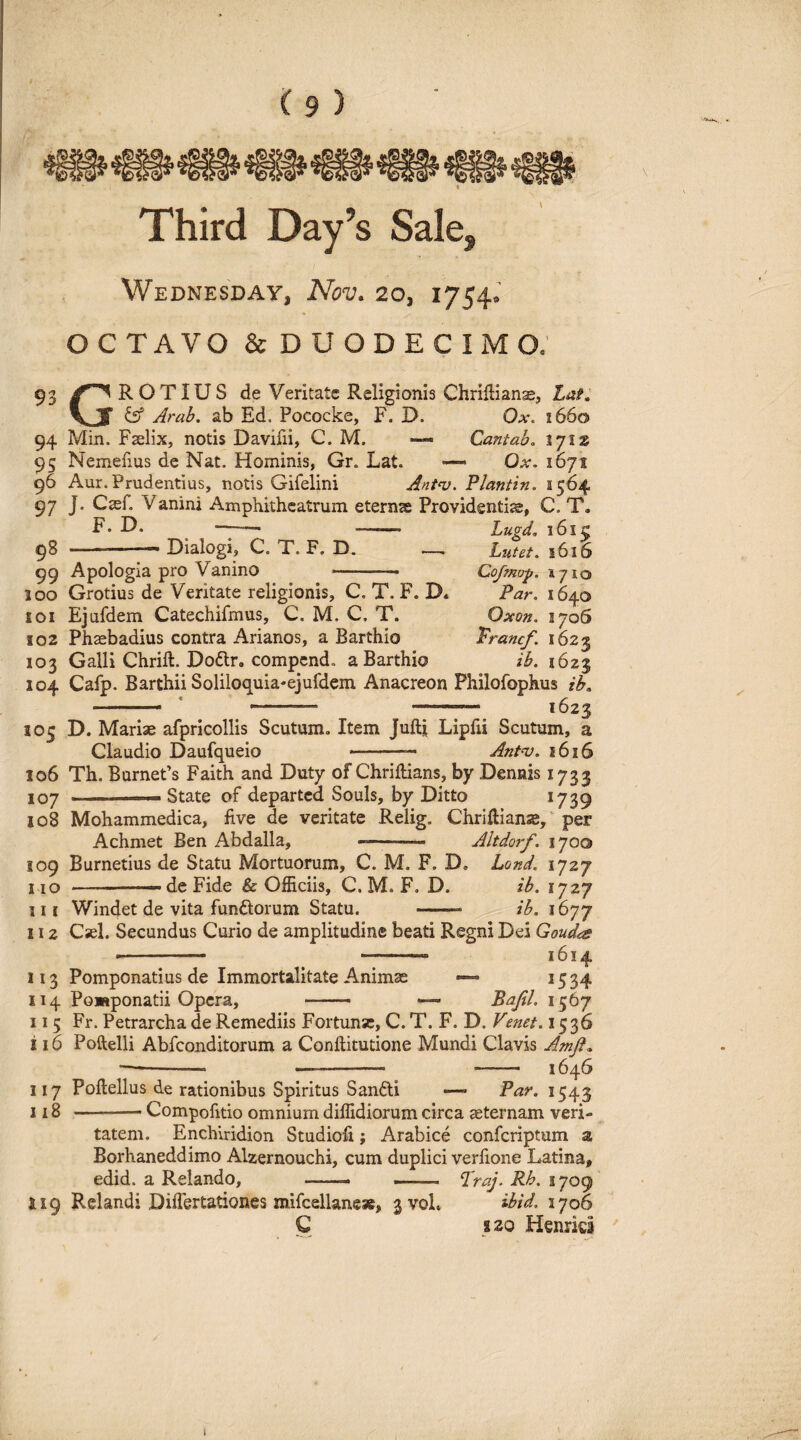 Third Day’s Sale, Wednesday, Nov. 20, 1754.' OCTAVO & DUODECIMO. 93 ^^ROTIUS de Veritate Religionis Chriftianas, Lat: VJ & Arab, ab Ed. Pococke, F. D. Ox, 1660 94 Min. Faelix, notis Davifii, C. M. — Cantab, tyix 95 Nemefius de Nat. Hominis, Gr. Lat. — Ox. 1671 96 Aur. Prudentius, notis Gifelini Plantin. 2564 97 J- Casf. Vanini Amphitheatrum eternas Providentia, C. T. F. D. 98 Dialogi, C. T. F. D. 99 Apologia pro Vanino Lugd, 161^ Lutet. 1616 Cofmop. 1710 Par. 1640 Oxon. 2705 Trancf. 1623 ib. 1623 100 Grotius de Veritate religionis, C. T. F. D. 101 Ejufdem Catechifmus, C. M. C. T. 102 Phasbadius contra Arianos, a Barthio 103 Galli Chrift. Poftr, compend. a Barthio 104 Cafp. Barthii Soliloquia-ejufdem Anacreon Philofophus ih, - * -- -,623 105 D. Mariae afpricollis Scutum. Item Juftj Lipfii Scutum, a Claudio Daufqueio ■■ - Ant^v. 1616 106 Th. BurnePs Faith and Duty of Chriftians, by Dennis 1733 107 -——State of departed Souls, by Ditto *739 108 Mohammedica, live de veritate Relig. Chriftianse,' per Achmet Ben Abdalla, ... Altdorf. 1700 109 Burnetius de Statu Mortuorum, C. M. F. D. Lond. 1727 i io .— de Fide & Officiis, C. M. F, D. ib. 1727 111 Windet de vita fundorum Statu. — ib. 1677 112 Cael. Secundus Curio de amplitudine beati Regni Dei Goudes -1- ^ --- 1614 113 Pomponatius de Immortalitate Animae —- ^534 114 Po»ponatii Opera, —, — Bafil. 1567 115 Fr. Petrarcha de Remediis Fortunae, C. T. F. D. Venet. 1536 i 16 Poftelli Abfeonditorum a Conftitutione Mundi Clavis Amji. — —- _ 1646 117 Poftellus de rationibus Spiritus Sandi —- Par, 1543 118 -- Compofitio omnium diffidiorum circa aeternam veri¬ tatem. Enchiridion Studiofi; Arabice conferiptum a Borhaneddimo Alzernouchi, cum duplici verfione Latina, edid. a Relando, -— — Pb. 2709 119 Relandi Diflertationes mifcellanc», jvoL ibid. 1706 C i 20 Henrid