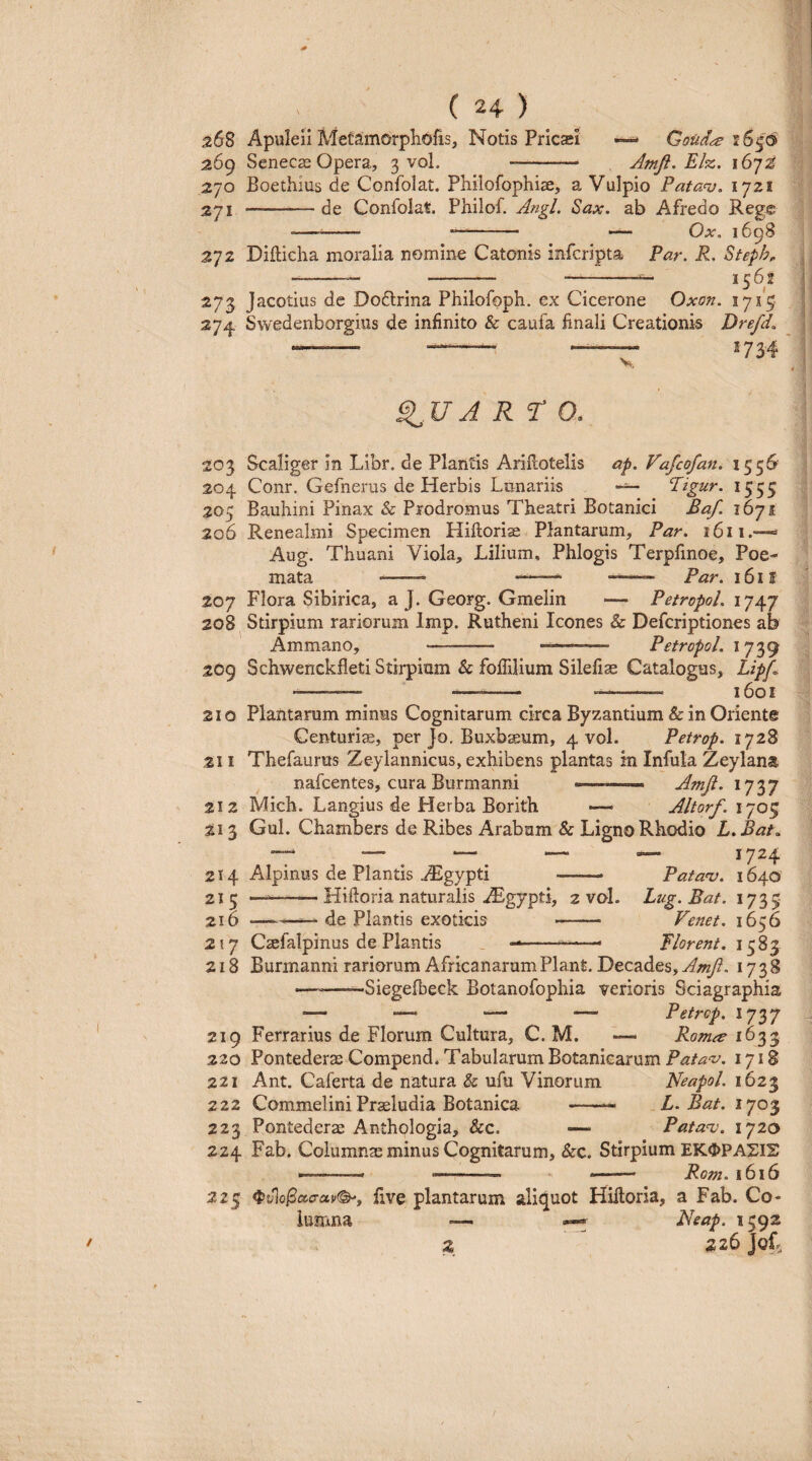 268 Apuleii Metamorplioris, Notis Pricasi 269 Seneca Opera, 3 vol. Ooiid^ 165(3 Amji. El%. i6jz 270 Boethius de Confolat. Philofophise, a Vulpio Patanj> lyzi 271 -de Confolat. Philof. Angi. Sax. ab Afredo Rege -- -- ^ 1698 272 Difticlia moralia nomine Catonis infcripta Par. R. Steph^ -— - —^-- 1562 273 Jacotius de Do(5lrina Philofoph. ex Cicerone Oxon. 1715 275. Svvedenborgius de infinito & caufa finali Creationis Drefd. - — --^ 173.4 ^uAR^r 0. 203 Scaliger in Libr. de Plantis AriHotelis ap. Vafcofan. 1556 204 Conr. Gefnerus de Herbis Lonariis — Pigur. 1555 205 Bauhini Pinax & Prodromus Theatri Botanici Baf. i6ji 206 Renealmi Specimen Hiftoriae Plantarum, Par. 1611.—=> Aug. Thuani Viola, Lilium, Phlogis Terpfmoe, Poe¬ mata -- —^—— - Par. i6il 207 Flora Sibirica, a J. Georg. Gmelin — Petropol. 1747 208 Stirpium rariorum Imp. Rutheni Icones & Defcriptiones ab Ammano, - -- Petropol, 1739 209 Schwenckfleti Stirpium & fofiilium Silelise Catalogus, Lipf. ---— —-- -- 1601 210 Plantarum minus Cognitarum circa Byzantium & in Oriente Centuria, per Jo. Buxbaeum, 4 vol. Petrop, 1728 211 Thefaurus Zeylannicus, exhibens plantas in Infula Zeylana. nafcentes, cura Burmanni --- AmJi. 1737 212 Mich. Langius de Herba Borith — Altorf. 1705 213 Gul. Chambers de Ribes Arabam & Ligno Rhodio L,Bat. 214 Alpinus de Plantis ^gypti - Patav. 1640 215 ——— Hiftoria naturalis iEgypti, 2 vol. Lug. Bat. 1735 216 ———de Plantis exoticis - Venet, 1656 217 Csefalpinus de Plantis ----- florent. 1583 218 Burmanni rariorum Africanarum Piant. Decades, Amji, 1738 •—»——Siegelbeck Botanofophia verioris Sciagraphis ,— — — — Petrop, 1737 219 Ferrarius de Florum Cultura, C. M. — Rom^e 1633 220 Pontederae Compend. Tabularum Botanicarum 1718 221 Ant. Caferta de natura & ufu Vinorum Neapol. 1623 222 Commelini Praeludia Botanica -- L, Bat. 1703 223 Pontederae Anthologia, &c. — Patanj. 1720 224 Fab. Columnse minus Cognitarum, &:c. Stirpium EK<I>PASIS .. .. — Rom. 1616 225 ^vlo^acrav^, five plantarum aliquot Hiltoria, a Fab. Co¬ lumna — /^eap. 1592 z ^ 226 Jof,
