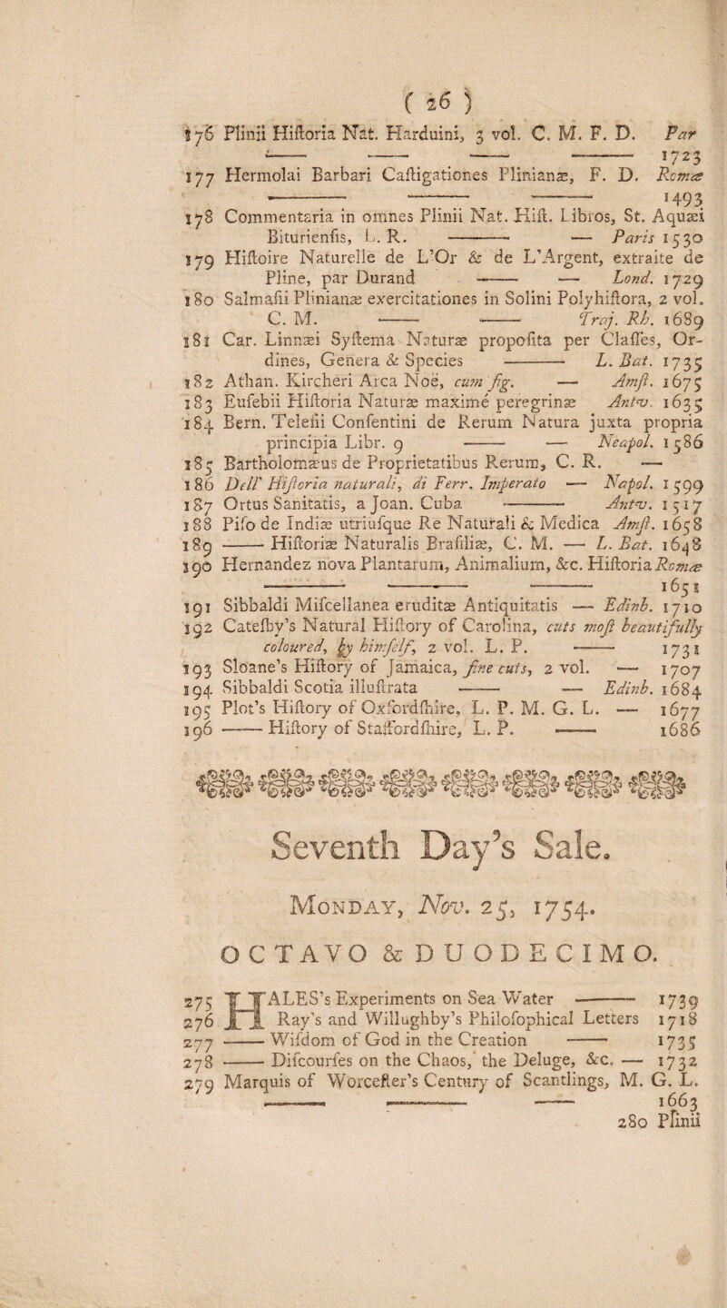 IjG PHnii Hiftoria Nat. Harduini, 3 vol. C. M. F. D. Par L-- -- ^ ^ ^ ^ - 1723 177 Hermolai Barbari Cadigationes Pliniana, F. D. Rcm^ ^—— —rrr —r“ 178 Commentaria in omnes Plinii Nat. Kid. Libros, St. Aqusei Biturienfis, L. R. - — Paris 179 FliUoire Naturelie de L’Or & de L’A.rgent, extraite de Pline, par Durand -- — Lond. 1729 180 Salmaiii Plinianae exercitationes in Solini Polybiflora, 2 vol, C. M. - -- 1.689 181 Car. Linnsei Syilema N^turs propoiita per Claffes, Or¬ dines, Genera & Species - L.Bat. 1735 182 Athan. Kircheri Arca Noe, cum Jig. — Amfl. 1673 183 Eufebii Hiiloria Naturae maxime peregrinse Ant^v. 1635 184 Bern. Teleiii Confentini de Rerum Natura juxta propria principia Libr. 9 - — Neapol. 1586 183 Bartholom^us de Proprietatibus Rerum, C. R. — 186 Dell' Hiori a naturali, di Ferr. Imperato — Napol. I 399 1S7 Ortus Sanitatis, ajoan. Cuba -- Ant^. 1517 188 Pifo de Indis utriufque Re Naturali & Medica Amfi. 1658 189 -Hiflorim Naturalis Brafilise, C. M. — L. Bat. 16^8 190 Hernandez nova Plantarum, Animalium, &c. Hiiloria -—-- --- —-- 165! 191 Sibbaldi Mifcellanea eruditae Antiquitatis Edinh. 1710 192 Catefby’s Natural Flidory of Carolina, cuts mojt heautifullj cohured, himfelf, 2 vol. L. P. -- 173$ 193 Sloane’s Hiilory of Jamaica, 2 vol. •— 1707 194 Sibbaldi Scotia illurirata - ■— Edinh, 195 PloPs Hillory of Oxfordlbire, L. P. M. G. L. — 1677 S96 ——Hiflory of StalFordlhire, L. P. — 1686 Seventh Day’s Sale, Monday, Nov, 25, 1754. OCTAVO & DUODECIMO. 275 276 277 278 279 HALES’s Experiments on Sea Water -- Ray^s and Willughby’s Philofophical Letters -Wifdom of God in the Creation - -Difcourfes on the Chaos, the Deluge, &c, — Marquis of WorceftePs Centiiry of Scantlings, M. 1739 1718 1735 1732 G. L.