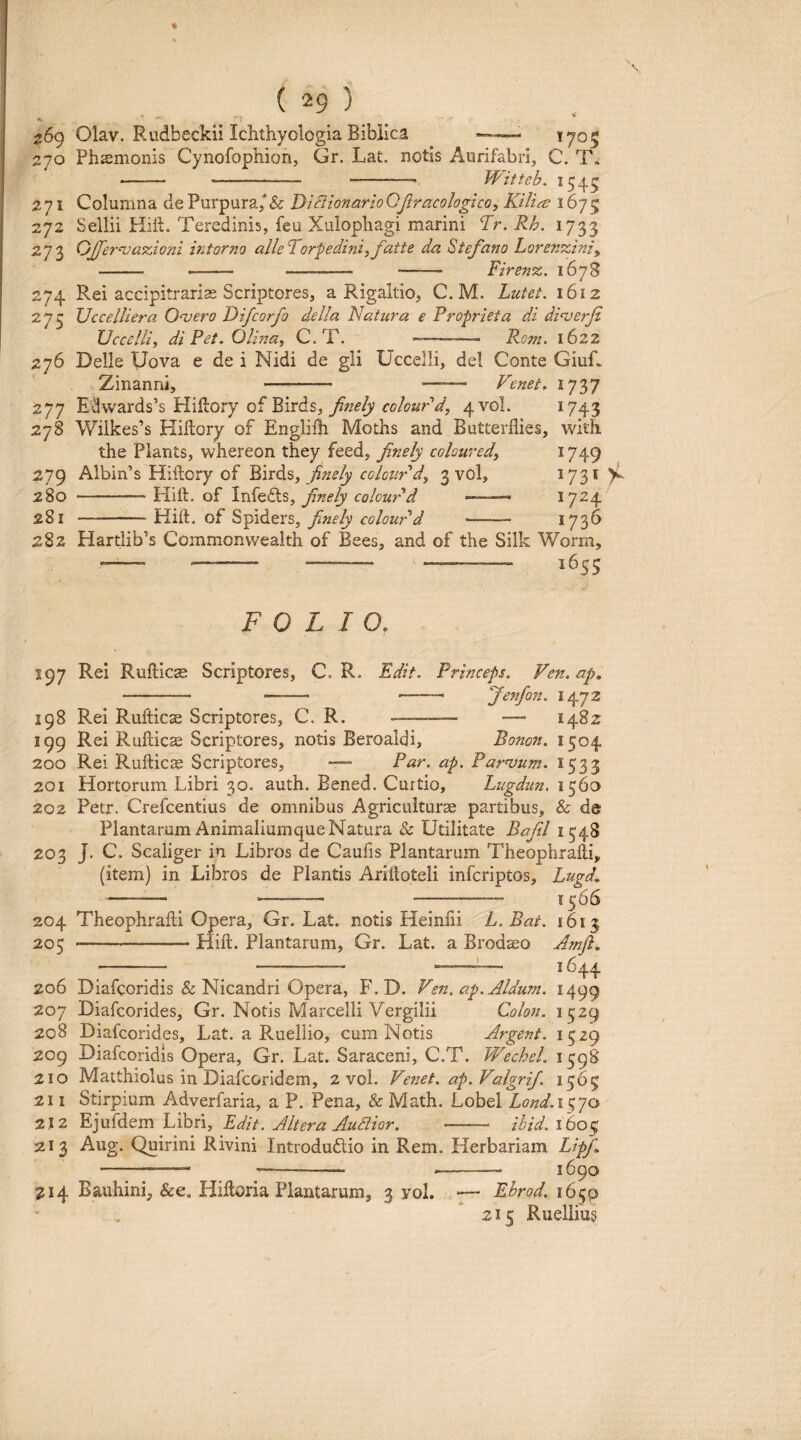 269 Olav. Rudbeckii Ichthyologia Biblica -- 1705 270 Phsmonis Cynofophion, Gr. Lat. notis Aurifabri, C. -- Witteb. 1545 271 Columna de Purpura/& DiBionarioOjlracologicG, Kili^e 1675 272 Sellii Hift. Teredinis, feu Xulophagi marini Tr.Rh. 1733 273 OJfernja^ioni intorno alie Torpedini, fatte da Stefano Lorenziniy - Firen%. 1678 274 Rei accipitrarise Scriptores, a Rigaltio, C. M. Lutet. 1612 275 Uccelliera Onjero Difcorfo della Natura e Propriet a di dinjerji Uccelli, diPet.Olina, C. T. Pom, 1622 276 Delie Uova e de i Nidi de gli Uccelli, dei Conte GiuC Zinanni, - ■—Venet. 1737 277 Edwards’s Hiftory of Birds, 4V0L 1743 278 Wilkes’s Hillory of Englifh Moths and Butterflies, with the Plants, whereon they feed, finely coloured, 1749 279 Albin’s Hiftory of finely colourd, 3 vol, 1731 )iL 280 -Hift. of Infedls, jinely colourd ——1 I724 281 —-Hift. of Spiders, finely colourd -—-> 173^ 282 Hartlib’s Commonwealth of Bees, and of the Silk Worm, 1655 FOLIO. 197 Rei Rufticse Scriptores, C. R. Edit. Princeps. Ven. ap, - - --- Jenfon. 1472 198 Rei Ruftics Scriptores, C, R. - — 1482 199 Rei Rufticce Scriptores, notis Beroaidi, Bonon. 1504 200 Rei Rufticae Scriptores, — Par, ap. Parvum. 1533 201 Hortorum Libri 30. auth. Bened. Curtio, Lugdun, 1560 202 Petr. Crefcentius de omnibus Agriculturse partibus, & de Plantarum Animaliumque Natura & Utilitate Bafl 1548 203 J. C. Scaliger in Libros de Caulis Plantarum Theophrafti, (item) in Libros de Plantis Ariftoteli infcriptos, Lugd, - -- - 1566 204 Theophrafti Gpera, Gr. Lat. notis Heinfti L. Bat. 1613 205 -Hift. Plantarum, Gr. Lat. a Brodaeo Amji. - - -L_ 1644 206 Diafcoridis & Nicandri Opera, F. D. Ven. ap. Aldum. 1499 207 Diafcorides, Gr. Notis Marcelli Vergilii Colon. 1529 208 Diafcorides, Lat. a Rueliio, cum Notis Argent. 1529 209 Diafcoridis Opera, Gr. Lat. Saraceni, C.T. Wechel. 1598 210 Matthiolus in Diafcoridem, 2 vol. Venet. ap.Valgrif, 1565 211 Stirpium Adverfaria, a P. Pena, & Math. Lobel ZoW. 1570 212 Ejufdem Libri, - ihid.\6o^ 213 Aug. Quirini Rivini Introdudlio in Rem. Herbariam Lipf, - —- --- 1690 214 Bauhini, &e, Hiftoria Plantarum, 3 yol. ■— Ebrod. 1650 215 Ruellius