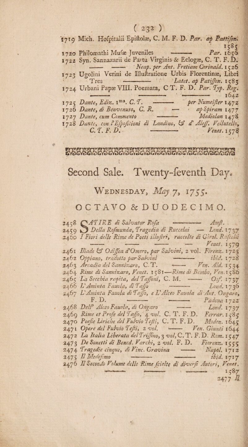 lyig Mich. Horpitalii Epiftol^, C. M. F. D. ap Pattlfonl 1720 Philoroathi Mufae Juveniles --- Par. 1722 Syn. Sannazarii de Partu Virginis & Eclogae, C. T. —- -- ’ Neap. per Ant. Fretiam Corinald. 1526 1723 Ugolini Verini de Illuflratione Urbis Florentina, Libri ’ Tres ' -^' 'Latet, ap PatiJ/on. 1583 1724 Urbani Papae VIII. Poemata, C T, F. D. Par. Typ. Reg, 1642 1725 Dante, Ediz. C. F, 1726 Dante, di Bena^enuto, C. R. 1727 Datite, ciim Commento per Numeijier 147 2 ' ap Spiram 147 7 Mediolan 1478 1728 Dante, Con PEfpoRtioni di Landmo, ^ d' Alejf. Vellutello, ^ C,F.F.D. --'' Fenet.isy^ Second Sale. Twenty-feventh Day. Wednesday, May 7, 1755. CTAVO & DUODECIMO. 2458 2459 2460 2461 2462 2463 2464 2465 2466 2467 2468 2469 2470 2471 2472 2473 2474 2475 2476 S AFIRE di Salajator Rofa --—^ Amfi. Delia Rofmunda, Fragedia di Ruccelai — Lond. 1737 I Fiori delle Rime de Paeti illujiri, raccolte di Girol. Rafcelli --- -- - — Nenet. 1579 Iliade ^ Odijfea d'Orner a, par Salvini, 2 vol. Firenz. 1723' Oppiano, tradotto par Sai<vini --— ibid, 172S Areadia dei Sannizaro, C.X. - ■-* Ven. Aid, 1534 Rime di Sannizaro, Renet. i^2l-^Rime di Bembo, 1586 La Secchia rapita, delFaJfoni, C. M. —■ Osf, 1737 VAminta Fauola, diFaJjo —- Lc‘nd,\J'^6 VA?ninta Fauola di FaJfo, e JFAlceo Fauola di Ant. Qn?aro, F. D. Padcua lyzz Lond. ijifj DelP Alceo Fauola, di Ongaro - Rime et Profe dei FaJJo,' 4 W. C. T. P'. D. Ferrar. 1583 Poejie Liriche dei Ful‘vio Fcjii, C. T. F. D. Moden. 1645 Opere dei FuNio Fefti, 2 nool. -- Ven, Giunii 1644 La Italia Liberata dei Frijfino, 3 ^ol, C. T. F. U. Rom. 1547 De Sonetii di Bened. Varchi, 2 njol. F. D. Fiorenz. 1555 Fragedie cinque, di Vine. Gra‘vina —— Napdl. 1712 11 Medeji-mo - • ibid. 1717 // Secondo Volume delle Rime fcielte di di^erjt Antori, Venet, —— -- 1587 2477 -S. e f