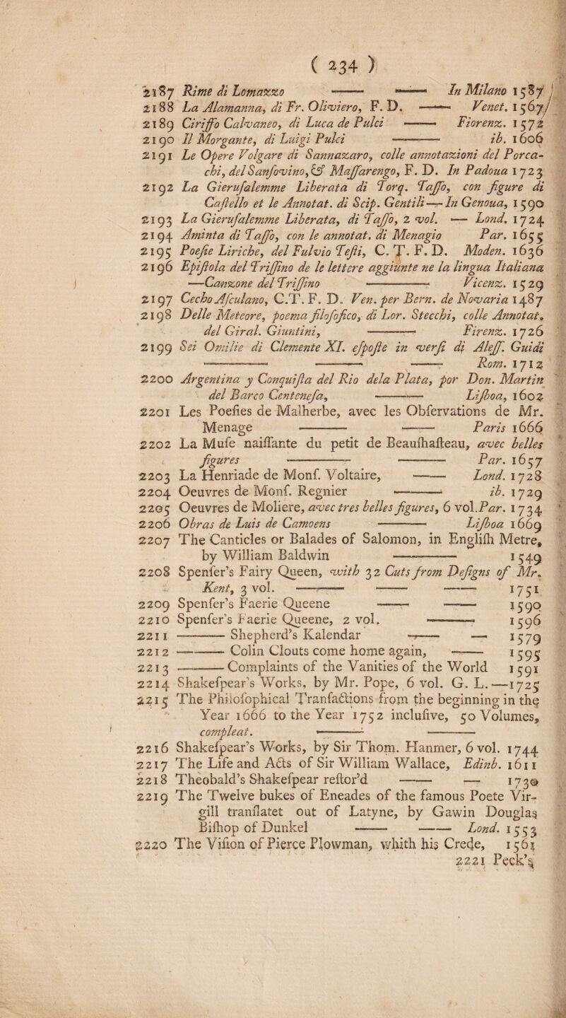 '21^7 Rifne di Loma%%o 2188 La Alamanna^ di Fr. Oliuiero, F. D. 2189 Ciriffo Calnjaneoy di Luca de Fulci 2190 II MorgantCf di Luigi Fulci — Le Opere Volgare di Sannazaro^ colle annotationi dei Fore a In Milano 15S7 ) - Ve7tet. 1567/ Fi orent, ib. 1606 21 91 21 2193 2194 chiy deiSanfouinOyis' MaJfarengOf F. D. In Fadoua 1723 92 La Gierujalemme Liberata di lorq. lajjb, con jigure di Cajiello et le Annotat, di Scip. Gentili—'In Genoua, 1590 ha Gierufalemme Liberata, di lajfo, 2 ojol. — Lond. 1724 Aminta di lajfo, con le annotat, di Menagio Far. 1655 2193 Foejie Liriche, dei Fulvio lejii, C» T. F. D. Moden. 1636 2196 Epijiola dei IriJJlno de le lettere aggiunte ne la lingua Italiana —Cantone dellrifflno - --—- Ficent. 1529 2197 CechoAfculanOjQ.F.F.T). Ven. per Bern. de Nonaria 2198 Delie Meteore, poema filofojico, di Lor. Stecchi, colle Annotat„ dei Giral. Giuntini, -—— Firent. 1726 2199 Sei Ornilie di Clemente XI. ejpojie in <verji di Alejf. Guidi ‘ —... . .. Rom. IJlz 2200 Argentina y Conquijia dei Rio dela Flata, por Don. Martin dei Barco Centenefa,-Lijboa, 1602 2201 Les Poefies de Malherbe, avec les Obfervations de Mr. Menage ... —•— Paris 1666 2202 La Mufe naiffante du petit de Beauihafteaii, a^vec belles figures -- -- Far. 1637 2203 La Henriade de Monf. Voltaire,-Lond. 1728 2204 Oeuvres de Monf. Regnier --- ib. 1729 2205 Oeuvres de Moliere, avec tres belles figures, 6 voA.Far. 1734 2206 Obras de Luis de Camoens -—< Lijboa 1669 2207 The Canticles or Balades of Salomon, in Englifh Metre, by William Baldwin -- *S49 2208 SpenieFs Fairy Queen, vjith 32 Cuts from Defigns of Mr. Kent, 3 vol. -—— - 2209 SpenfeFs Faerie Queene 2210 SpenfeFs Faerie Queene, 2 vol. S}iepherd’s Kalendar 2211 2212 2213 2214 2215 Colin Clouts come horne again, Complaints of the Vanities of the World 1751 J59Q 1596 1579 •S9S 1591 ShakefpeaFs Works, by Mr. Pope, 6 vol. G. L.—1725 The Phiiofophical Tranfadtions from the beginningin the Year 1666 to the Year 1752 inclufive, 5oVolumes, compleat. --^ - 2216 ShakefpeaFs Works, by Sir Thom. Hanmer, 6 vol. 1744 2217 The Life and A£ts of Sir William Wallace, Edinb. 1611 2218 Theobald’s Shakefpear reftoFd-—- 173© 2219 The Twelve bukes of Eneades of the famous Poete Vir¬ gin tranilatet out of Latyne, by Gawin Douglag Bifhop of Dunkel --Lond. 1553 ^220 The Vifion pf Pierce Plowman, vvhith his Cre^e, 1561 2221 Peck’^