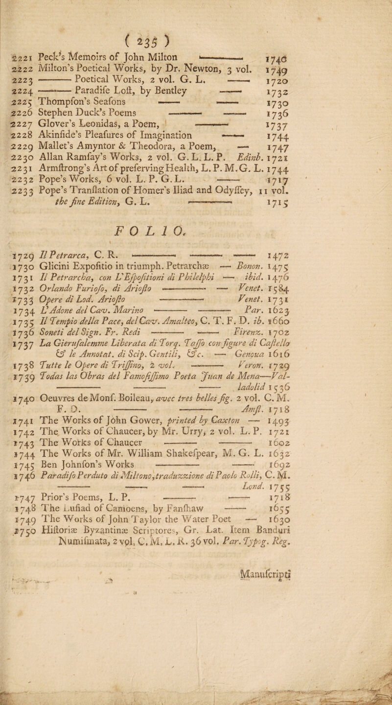2221 Peck’s Memoirs of John Milton ..—- 2222 Milton’s Poetical Works, by Dr. Newton, 3 vol. 1749 2223 -Poetical Works, 2 vol. G. L. —— 1720 2224 --—Paradife Loll, by Bentley 1732 2225 Thompron’s Seafons ——— —— ^730 2226 Stephen Duck’s Poems ——— —— 1736 2227 Glover’s Leonidas, a Poem, *737 2228 Akinlide’s Pieafures of Imagination ——. 1744 2229 MallePs Amyntor & Theodora, a Poem, — 1747 2230 Allan Ramfay’s Works, 2 vol. G.L.L. P, Edinh.iyzi 2231 Armftrong’s Alt of prefervingHealth, L. P. M.G. L. 1744 2232 Pope’s Works, 6 vol. L. P. G.L. -- 5717 2233 Pope’s Tranllation of Homer’s IHad and Odyffey, ii vol. the fine Edition, G. L. >—--—• ^7^5 FOLIO. \ 1729 IIPetrarca, C. R. --—^--- 1472 1730 Glicini Expolitio in triumph. Petrarcliee — Bonon. 1475 2731 11 Petrarcha^ con UEfpofitioni di Philelphi ibid. 1476 1732 Orlando Furiofo, di Ario fio —---— Venet. 1584 1733 Opere di Lod, Ariofio -———* Vmet. 1731 1734 VAdone dei Ca^v. Marino - --— Par. 1623 1733 II Fempio della Pace, deiCa^v. Amalteo^ C. T. F. D. ib. 1660 2736 Soneti dei Sign, Fr. Redi —- Firenz. 1702 1737 La Gierufaletnme Liberata di Forq. Falfo con fiigure di Cafieih lA le Annotat, di Scip.Gentiliy ^c. Genoua l6i6 1738 Futte le Opere di Frijfinoy z <vqL- —-- F^eron. 1729 2 7 39 Fodas las Obras dei FamofiJJimo Poeta Juan de Mena—Vafi - - - ladolid 1536 1740 Geuvres deMonf. Boihau^ a-uec tres belles fig. 2 vol. C. IVL F. D. - — -— Amfi. 1718 2741 The Works of John Gower, frinted by Caxton — ^493 1742 The Works of Chaucer, by Mr. Urry, 2 vol, L. P. 1721 1743 The Works of Ghaucer - - 1602 »744 The Works of Mr. William Shakefpear, M. G. L. 1632 1745 Ben Johnfon’s Works --- —-- 1692 1746 ParadifoPerduto di Miltono^traduzszione diPaolo Rolli^ C. M. - —^—- -—— Lond. 1755 1:747 Prior’s Poems, L. P. - ►—- 1718 1748 The Luliad of Canloens, by Fanfhaw ——. 1655 1749 The Works of John Taylor the Water Poet — 1630 1730 Hikorise Byzantinas Scriptores, Gr. Lat. Item Banduri Humifmata, 2 vpl, C, M, jl. K. 36 vol. Par. Fypog. Keg, f • Manurcripti
