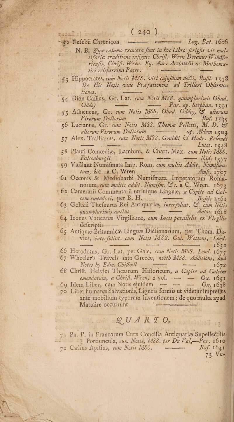 2' Eiifebii Chronicon —.. Bat. 1606 N. B. calamo exarata funt in hoc Libro fcripjit njir mul¬ tifaria eruditione mjignis Chrijl, Wren Decanus Windjo- rienJiSy Chrijl. PFren. Eq. Aur. Architedi ac Mathema¬ tici celeberrimi Pater. —.. ’ —- 53 llvgfOCXdXts, cum Notis MSS. wiri cujufdam dodi, Bajil. 1538 j De His No fis ^jide Praefationem ad Prilleri Obfer^a- I t ion es. --- —-- ^ 54 Dion Caffius, Gr. Lat. cum Notis M.SS. quamplurimis Obad. | Oddey —- - Par. ap. Stepha7i. 1591 Jl 53 Athseneus, Gr. cum Notis MSS. Obad. Oddey^ ^ aliorwn Virorum Dodorum —*-— — - Baf. 1535 l 56 Lucianus, Gr. atm Notis MSS. rhomts Felletti, M. D. ^ aliorum Virorum Dodoru77t —- ap. Aldum 1503' § 57 Alex. Trallianus, cum Notis MSS. Gouldii ^ Hadr. Relandi -- --- —-— Lutet. 1548 f 58 Plauti Comendiae, Lambini, & Chart, Max. cum Notis MSS, 4 Falconburgii ---- ■ ibid. I577 1= 59 Vaillant Numifmata Imp. Rom. cum multis Addit. Numiftna- j.. tum, &c. a,C. Wren -- Amf. 1707 4 61 Occonis & Mediobarbi Numilinata Imperatorum Roma- norum, multis addit. Numifm. lAc. a C. Wren. 1673 62 Camerarii Commentarii utriufque Linguse, a Capite ad Cal- cem emendati, per B. H. -- Bafl. i>56i 63 Gokzii Thefaurus Rei Antiquariae, interfoliat. Cf cum 'Notis qua7?iplurmis audus - - Antnj. i6l8 ^ 64 Icones Vaticanae Virgilian^, cutn Locis parallelis exVirgilio '-'i delcriptis - *- f 65 Antiquae Britannicae Linguae Didlionarium, per Tliom. Da- 4: vies, interfoliat. cum Notis MSS. Gul. Wottoni, Lohd. y| --- -- -- --- 16 32 -m 66 He.rodotus, Gr. Lat. per Gale, cum Notis MSS. Lond. 1673 67 Wheeler's Travels into Greece, <^ith MSS. Additions, and in Notes by Edm. Chijhull -— .. 1672 68 Chrifl. Helvici 'ITeatrum Hiftoricum, a Capite ad Calcem jil emendatum, a Chrifl. IVren, 2 vol. —• —- Ox. 1631 69 Idem Liber,' cum Notis ejubiem — — —■ Oat. 1638 4 j 70 Liber humana Salvationis, Ligneis formis ut videtur impreffus ; I ante mobilium typorum inventionem; de quo multa apud ' | Mattaire occurrunt —-----— ' I 9 U A Rr 0, i-i 7 j Pa. P. in Francorum Cura Concilia Antiquariae Supelledlilis |y| ; Portiuncula, cttin Notis, MSS. per Du Val,—Par. i6iO'y.|. Calius Apitius, cum Notis MSS,-— Baf. 1641 Vi; 73 Ve- I