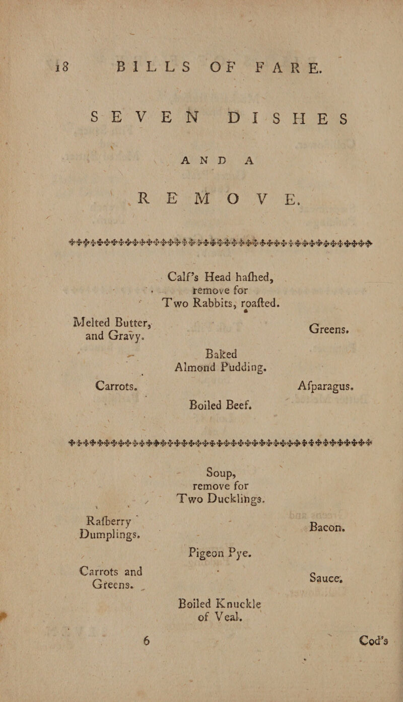 SEVEN DISHES V AND A REMOVE. fk Calf’s Head hafhed, remove for Two Rabbits, roafted. * Melted Butter, and Gravy, ' - Baked Almond Pudding. Carrots. Boiled Beef* Greens. Afparagus, »£*• *2* 4^ 4- 4* 4-4* 4 ’£,4* ’I*v 4 44t-,l,4,’4t4*4*'4-4* 1 Rafberry Dumplings. / - Carrots and Greens. Soup, remove for Two Ducklings. Pigeon Pye. Bacon. Sauce. 6 Boiled Knuckle of Veal, Cod’s