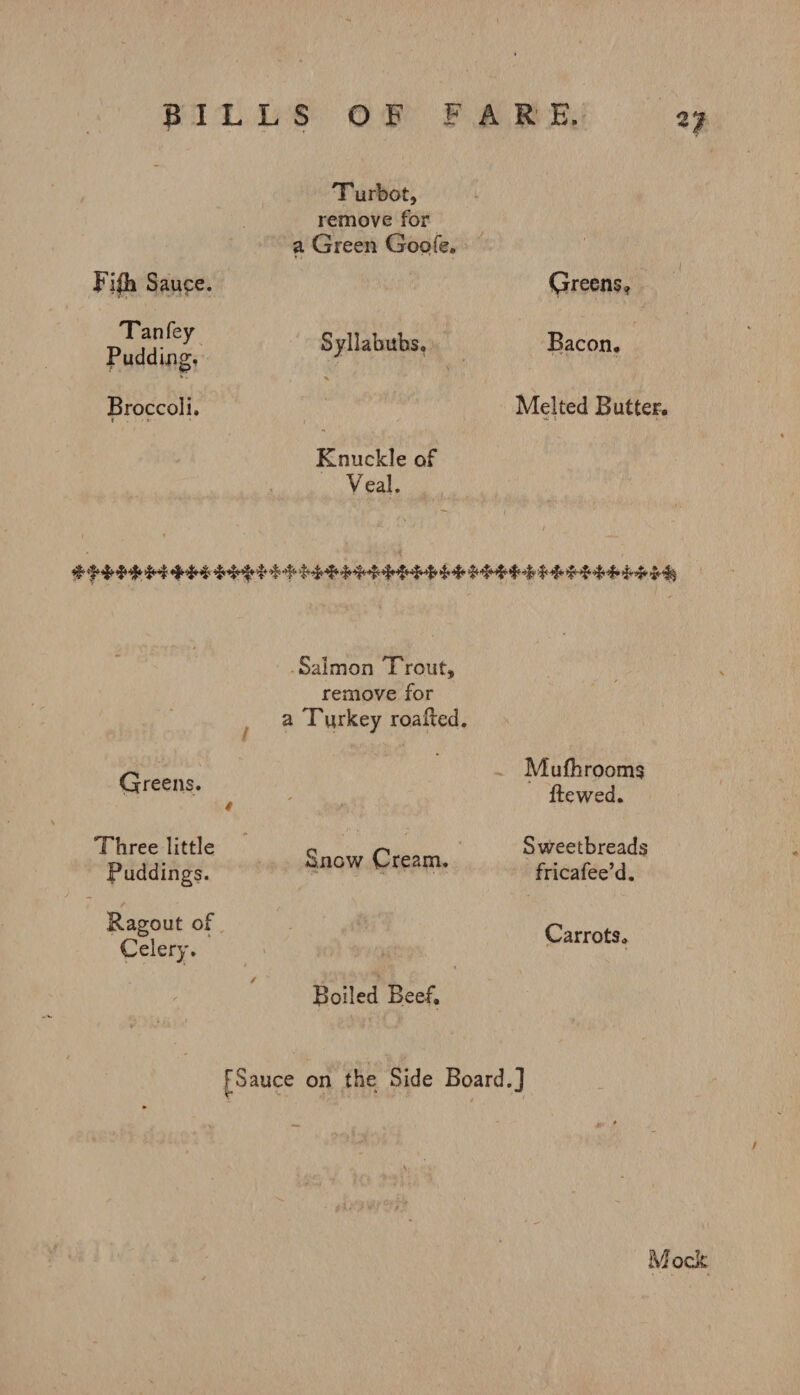 2| Fi(h Sauce. Tan fey Pudding. Broccoli. T urbot, remove for a Green Goofe. Syllabubs, Knuckle of Veal. preens * Bacon, Melted Butter. . / Greens. Salmon Trout, remove for a Turkey roalled. Mufhrooms ftewed. Three little Puddings. Ragout of Celery. Snow Cream. Boiled Beef. Sweetbreads fricafee’d. Carrots. £ Sauce on the Side Board.]