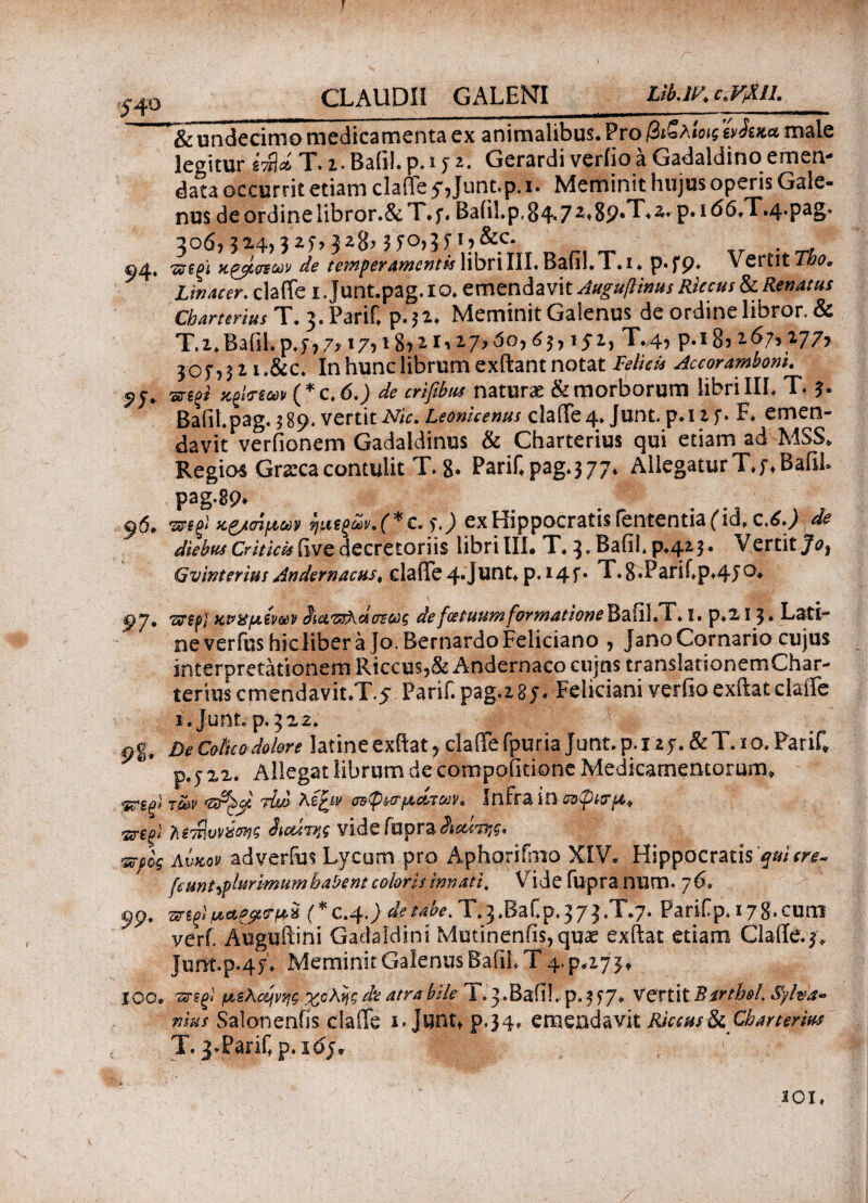 F # '54° CLAUDII GALENI Llb.lW. C.V/KI1. & undecimo medicamenta ex animalibus. Pro βιζλίοις ’ίΛκα, male legitur i·#» T. i■ Bafil. p. i j 2. Gerardi verfio a Gadaldino emen¬ data occurrit etiam claiTe ^Junt.p. 1. Meminit hujus operis Gale¬ nus de ordine libror.& T. f. Batil.p, 84.7 z.8p.T.a. p. 1 <56.T.4.pag. 306,524,32^328) i?&c. ozj.. 7λϊ€ξί Kgyco? cov de temperamentis libri IIL B3.il 1 · 1« i * p*f9* x QFtltTno» Linacer. claiTe i. Junt.pag. IQ, emendavit Auguftinus Rkcus & Renatus Charterius ΊΓ· j.Parif* p.ji, Meminit Galenus de ordine libror. & T.2*Bafil.p»f77^i75i8r^I’2'7>^0?^^ lSl) T.4, p.ig, 1675177? In hunc librum exftant notat Felicis Accoramboni. srg^i κψηων ( * c. d.J afc naturae & morborum libri IIL T. 5. BaiiLpag. 589. vertit AftV. Leonkenus claiTe4* Junt. p.127· F, emen¬ davit verfionem Gadaldinus & Charterius qui etiam ad MSS> Regios Graeca contulit T. 8· PariC pag.377. Allegatur T,f,BafiL pag.89* ^6» Ώΐεξί xg/oi[A,&)y 9}u €ξίΰνβ(*£· $.) ex Hippocratis fententiaf id» c,6·) de diebus Criticis five decretoriis libri III. T* ^ BafiLp.423. Vertit Jo, Gv interius Andernacus. claiTe^Junt, p. i4f. T.8*Parif,p,4JO. 97* wzfl Kvxfximv de f os tuum formationeBaiiUT ♦ I. p,2 ϊ 3. Lati¬ ne verfus hicliber a]o« BernardoFeliciano , JanoCornario cujus interpretationem Iliceus,&Andernaco cujns translationemChar- terrascmendavit.T.5 Parif.pag,i8j. Feliciani verfioe-xftatclaffe 1. Junt. p. 322. 9I, DeCotkodohre latineexftat7 claiTefpuria Junt, p.izf.&T.io. Parif» p.522. Allegat librum de compofitione Medicamentorum» τύον tL· <j&(p!>■&f&cL-Tcev» Infra in ’ΣϊΓζΰ} Τΐίττ{νν%&ΐζ dbct47?ji videfupraAim^. ^ρίς Λύκον ad verius Lycum pro Aphorifnio XIV» Hippocratis quiere* [euntplurimum habent coloris innati, Vide fupra num. 7 6, 99. vngl μα&ίτμχ (* c.4. J de tabe. T» 3 ,BaCp. 373 .T.7. Parifp* 17g.cn.1n veri, Auguftini Gadaldini Mutinenfis,quce exftat etiam ClaiTe.3* Junt.p-4J* Meminit Galenus Bafil; T 4·ρ,273, ICO. vretf μζλεψ'ήζ χολής d‘e atra bile T. J.BaflL p. 3 ?7* Vertit Birth&L Syfaa- nius Salonenfis claiTe 1. p.34» emendavit Rkcus &Charterius T. 3»Parifp. x«5j. 301,
