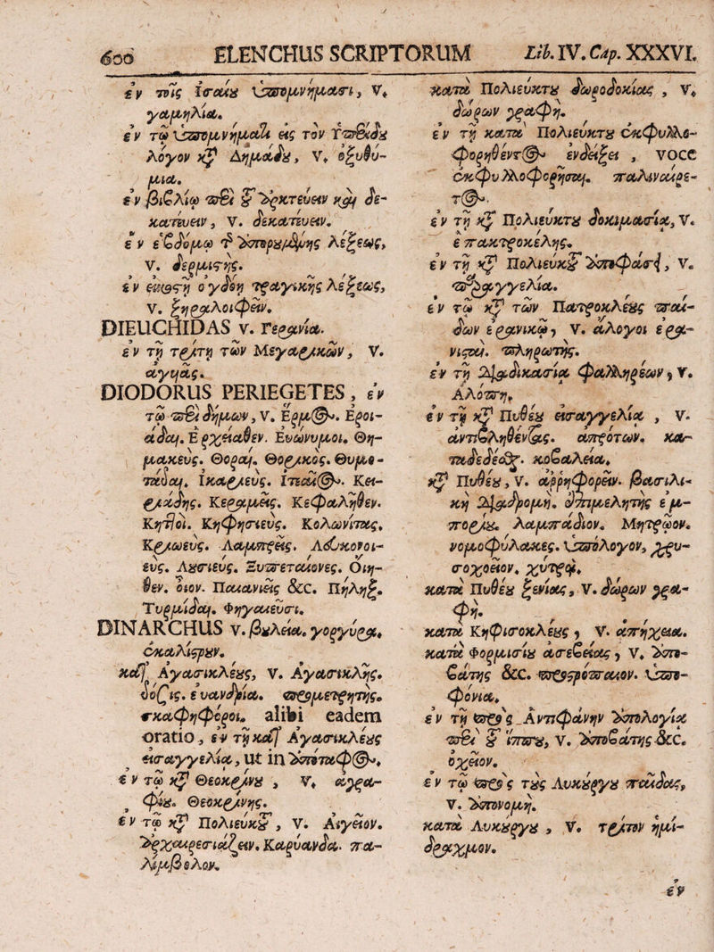 J ELENCHUS SCRIPTORUM Lik IV. Cdp. XXXVI. a £ y τοίς Itroux χ^αημνημαη·, ν'* yctpLYiXisL» , * rj t ^ η \ e />/ n £y τφ Χίζ&ομνημαΐΛ e*g τον Aoyov Kp Αημαίχ, V* ®^υίυ- sV βιζλίω 'SJ& $F ^ςκτευπν vpft Jk- ε y εζ$ίμω $ ox/jtyuijg λεζε&ς, V. ίεξμις’ης. ί v Wi9<iy oy£ey ?f&*/%κης λε^ε&ς, V. ^η^λοίφείν. DIEUCHIDAS v. £ v τ>5 t£/CT*j των , V. ccyvjag» DIODORUS PER1EGETES , Λ tS 'SrS ^ημων 3 V. ίξμ@*. Εξοι- d£ct/. E ξχεία$εν. Ευωνυμοι* Θη~ μακενς. Θ^α/. ®ο£/κος.θυμε- TitloLf, IκΑζ/ευς, Iticu@o· Κ«- £/ά^ης. Κεραμείς, Κεφα,ληβεν· ΚητΙοΐ. Κηφψηευς. Κολωνίτχς. Kg/ωευς. ΑΑμττξείξ, Αώχονοί- ενς. Λ&πενς. ZuzrercuQνες. Οιη~ Φεκ otov. Ilcuav&ig &c. ΙΙηλη^. Τυξμ'ίίαι. Φ^έαευοπ, DINARCHUS v./3*a^tyo^yv^t όχ,αλίςρχν. Hcfj, ΑγαοΊκλεχς, v. AyctTiK&.g. loQtg. s vavdjoict, νδξβμετξητης* ψχ&φηφϋξοί» alibi eadem oratio , sv ryxd] AyctcrtxXsxg eitrayysXioc,, Ut 1Π €VrS>Hp &εοχ£/ν% 3 y* d^cc- φί%* Θε*χ£/νης. € v τ® xp ηολιευκχ , V. Avymv. ^ξΖ^ίξε<π(ίζξ{ν. Καξύαν^α. τγφ~ Αίμββλ oy. 'Xcvrd Τίολιενχτχ ^ωξοβοχίας , ν'* £ωξων 2ξ&φη· εν τη χατα ΣΙολιευκτχ άχφυλλΰ- φοξη$εντ(&> εν^είξα , VOCC άχφυ Τλοφοξησζη* π&λwoufl- τ@«· εν τη xp Πολιευχτ& ΑοΜμΑτί#,,V* ε 7Γ&χτξοχελης+ εν τη xp Πολιενχζ’&ηφαβ-ή, V* ^^yysAict, εν τω xV των ΤΙατΡοκΚεΗς txou- *C Ύ ~ 3 >/. «mw ε^βίνιχω-) V. ctAoyoi ε^βί- νιςνν, τζληξωτης, εν τη %l&£t>ut<ria φαΤΑηξεων 5 V· ΑΑ ΟΊ&η, ε ν τη xp ΙίιΑεα εντΑγγελίμ , V- άτΓξότων. χα~ Ί&£ε£ε<βζ> %,ο£αλεία* %Ρ IhrQsx, V. αβρηφορίίν· βασ-ιλι* xvj Ατημέλητης εμ- 7Γ0£/& λαμτπχίίον* Μητξωον* νομοφυλαχες. xs&iXoyoVt £ξν- σ-οχοίίον. χντξψ. xaim ΠυΟεχ ζεν'ιον;, V. άωρων φη. __ :. ’ Ν (fi ^ Q f χ,Ατα Κηφίτοχλεχς 9 V. αττηχαΑ. ΧΑτοί Φοξμκτίχ Α<τεζ&ΰΐς, V* £&της &C. ftrZfgpQ&r&iQV. \jzzi- φονιά* εν τη &ξβς^Αντιφάνην IxmKoytx “StS/ iWv, v. r&7Td£cc'Ty$ 8cc* οχίίον. £ p τω <ζ3θ'^ τέίί Αυχύξχχ V. ’άτπΜομη. ΚΑΤΑ Αυχχξγχ , V, Tg/Tdl· ημί~ ^ZSCXfMV. £9 I