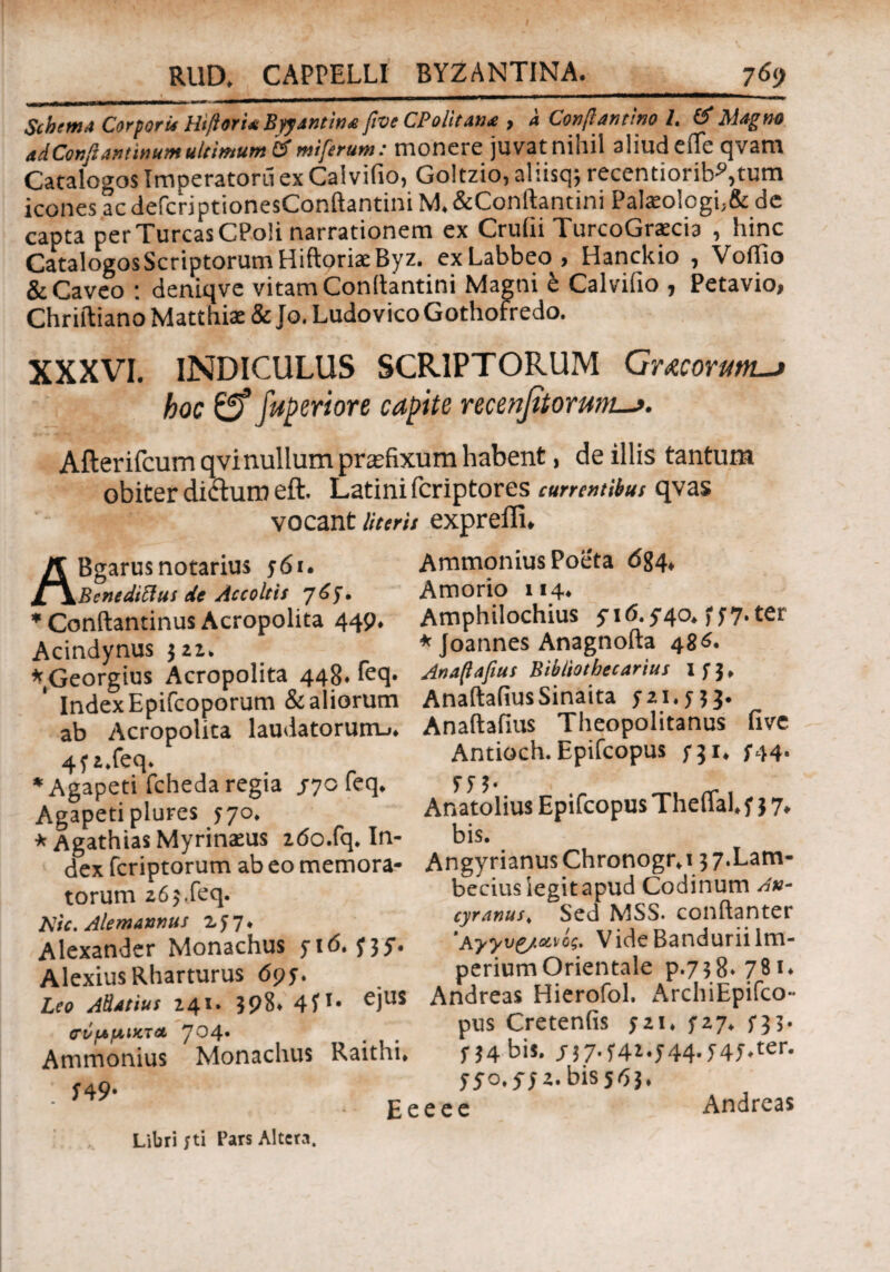 SibemA Corpori* HiftorUByyantina pve CP olit ana , a Conftanrino 1. & Magno ad Confiantinum ultimum ΰ mi ferum: monereJuvat: nihil aliud eile qvam Catalogos Imperatorii ex Calvifio, Goltzio, ahisq; recentiorib?,tum icones ac defcriptionesConftantini M. &Conftantini Pal$o!ogi;& de capta perTurcasCPoli narrationem ex Cruiii TurcoGrxcia , hinc Catalogos Scriptorum HiftoriaeByz. exLabbeo, Hanckio , Voifio & Caveo : deniqve vitam Conilantini Magni έ Calviiio , Petavio, Chriftiano Matthia: & Jo. Ludovico Gothotredo. XXXVI. INDICULUS SCRIPTORUM Gr acorum-» hoc juperiore capite recensitorum—». Afterifcum qvinullum praefixum habent, de illis tantum obiter dicturn eft. Latini fcriptores currentibus qvas vocant literis expreffi. ABgarus notarius 561. Benedicius de Accoltts 765· * Conftantinus Acropolita 449* Acindynus 322. * Georgius Acropolita 448. feq. ' Index Epifcoporum & aliorum ab Acropolita laudatorum^· 4f 2,feq, *Agapeti fcheda regia 570 feq. Agapetiplures 570* * Agathias Myrinaeus 2<5o.fq, In¬ dex fcriptorum ab eo memora¬ torum 26j.feq. Kic. Alemamus Alexander Monachus 5· 16. 53 5*· AlexiusRharturus 695. Leo Attatius 241. 398* 4fT· eJus σνμμικτα 7°4· Ammonius Monachus Raithi* i 49· Ammonius Poeta dg4. Amorio 114· Amphilochius yid^o. ff·?.ter * Joannes Anagnofta 486. Anafiafius Bibliothecarius I f 3. AnaftaiiusSinaita 521,533. Anaftafius Theopolitanus five Antioch. Epifcopus 531· 544. 553* Anatolius Epifcopus Theilal. 537* bis. Angyrianus Chronogr.i 37.Lam- becius legit apud Codinum An¬ cyranus < Sed MSS. conftanter 'Αγγυ&Λνος. VideBanduriiIm¬ perium Orientale p-7 3 8- 781 ♦ Andreas Hierofol, ArchiEpifco- pus Cretenfis 521. 527. 533· 534 bis. J37.f4i.544.545,ter. 550*5*5 ’· bis 563* eeee Libri fti Pars Altera. Andreas