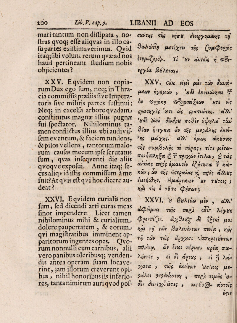 mari tantum non diffipata , no* ftras qvoq$ eiTealiqvas in illoca- fupartes exiftimaverimus. Qvid itaq^fibi volunt rerum qvae ad nos haud pertineant itudium nobis objicientes? XXV. Eqvidem non copia¬ rum Dux ego fum, neq$ in Thra¬ cia commiffis praeliis five Impera¬ toris five militis partes fuftinui: Neq, in excelfa arbore qvadam-> conftitutus magnae illius pugnae fui fpeilator. Nihilominus ta¬ men confli itus illius ubiaudivif- fem eventum, & faciem tundens, & pilos vellens, tantorum malo¬ rum caufas mecum ipfe fcrutatus fum, qvas infeqventi die aliis qvoqveexpofui. Anne itaq; fe- cusaliqvidiftis commiffum a me fuit? At qvis eft qvi hoc dicere au¬ deat ? XXVI* Eqvidem curialis non fum, fed dicendi arti curas meas finor impendere. Licet tamen nihilominus mihi & curialium-, dolere paupertatem , & eormru qvi magiftratibus imminent ap¬ paritorum ingentes opes. Qvo- rum nonnulli cum carnibus, alii vero panibus oleribusq$ venden¬ dis antea operam fuarn locave¬ rint, jam illorum creverunt opi¬ bus , nihil honoribus iis inferio¬ res, tanta nimirum auri qvod pof- (ΚΜτης της Vr}orXs ώ&ξγομίνης Tif 9αλάτ}*ι μετίχαν της (υμ<φο^ίς ενομίζομ)μ. τί 7 αν αυτοίς η π&ί- Βξγία βα Αετοί > XXV. chc &μ$ μεν των duud- μεων ηγεμων , 'xJe εκοινωνησα τ cv Θζβκν 'ΖΖ&οίτΆζξων ' χτε ως ςρατηγίς νχτε ας ςρατιωτης· α?λ.' ^7ii Sivfyx πο9εν vlf/qAx' τΐω Seav ψεγκα αν τής μεγάλης εκεί- ν*1ζ (*&ΧΊζ· d)A! ομας άκάσοίς της ο-υμβοΑης τζ τάξζς, τίτε μετά- 7Γον επληξα (έ r τξιχων ετιΑα , <£ τάς αίτιας πτ&ς εμαυττν ifyrtjra τ κοί- καν , ων της ύζτξαίας ν^ ττξος ά?λχς εμνη&ψ. Ημάξτανον ’%ρ τχ'τοις ; K&j τίς ο τατο $ijara>p'} XXVL X βαλευω μεν , d>h? ctQ είμαι πης 7τεζ) ατιτ Αίγας φζοπίβν. άχ9ε&ζ Ά ε£επ μοι K&f τνΐ των βχΑευόντων 7π\1α , τω των τοΊς αξχχτι \ϊζζΓηρετχντων τνλχτω* ών ενιοι 7τίξΐuri κξία πω- i Λανης , ο; Jg αξίας , ο\ jj Ad- ] χανα y τζμς εκείνων 'χσίοως με- | χάλα χεχενίιυτομ 9 7κρ). τιμής ’χ- \ 2εν Λενεχ9ίντίς , ττ7Χτ@* αυτοίς \