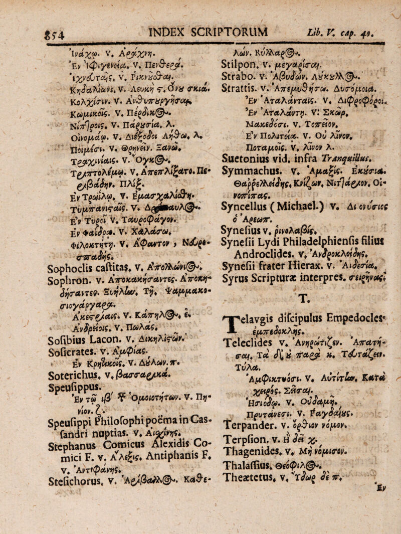 S?4 V* Α&χνη. *Ev ’ίφ^ώέ* v* πεν&ερβ· Ρ(χν<&τ&ίς* v* iwi&cq* KfjSa^J^H» V. Αενχη $\0ν# <TXlL· Κολχίην. V. Αι>&υπ8ργηΐτοφ> Kωμιχοϊς. V* Πεξ&χ@*· Νιπ^οΐζ* V. λ. θ\νοριάο&· V* Aii^oSoi Αη&ίιΐ* Α, HoijU-είΓί· V. Θξψκν. Ζανώφ Τ^χινίΛίζ· ν.ΥΟγχ@*Φ Τ£/7ΤΤθλίρΐ6ί· ν4 Α7Γ67Γλί%αΤ6· Π$* £/.βάίηΨ· Πλί£. ε\ Τ^ίΛω* ν. Έμασ-χαλί&η· TvfA7rcm<?cug. V. ΔρφίΜ,υλ©** EV Tt/fct V. T#u£0<pceyw. Ε^ ΦaiSp&· V» Χΰδλ&0*Λ?φ Φιλοκτήτη. V· Αψαντον j Sophoclis caftitas, ν* &νο)&<ίνι&'. Sophron. ν. Αττοχαχηνταντες· ίίποκη* fyrane?· Ζ^λΙω* Tf* ^αμμα**· (ηογάργ&ρτ, , . Ακεψξ/αΐζ* V. ΚΛΤΓ^λζ^^ 6% 6 Αν^ρείοΐζ* V, Πώ>λΛ£# Sofibios Lacon. ν,ΔΜηλίψ&ϊ* SoGcrates. ν. Αμφιας., > Εν ΚρηΙίκόίς, V. Δ»λ»ν.Τ· Soterichus, ν, βααταζ/κά. SpeuGppUS. ’Ε*τ τ« ιβ ¥ Ομοιότηταν. V. Πη· νίον.ζ. . SpeuGppi Philofophi poema tn Cas- fandri nuptias, ν, Αίφνης. Stephanus Comicus Alexidis Co¬ mici F. v. Antiphanis F. V* ’ΑρτityavyS* Stefichorus, v. 'aζ/βα?λ@*> κα&ε* A#y. Stilpon* v. psyct^traj. Strabo, v. ’Αβυίών* Λνκχ)λ&*' Strattis. v. 'ΑνεμυΒ^τ^ Αυτίμοια» 9Εν * Αταλάηαις* ν« ΑιφςοφίξΜ*. 9Εν 'Αταλάντη* V.* Σκαρ, MaxeSccrt· V. Τοττ&ον* ΠοΑιτ«<3β-. V. Οϋ AiW, Τίοταμοίς. V, ATfof A. Suetonius vid* infra TranquiUus. Symmachus, v» *Αμα%ίς· eκχγιλ* SctpfefaeiitjSi Κνίζαψφ Νιτ]αζ/ον* Οί* νοττίνας. Syncellus ( Michael.) v. Δ* «iwVief 0* 'A^euT, Syneiiusv, ρινολαβίς* Syneiii Lydi Philadelphienfis filius Androclides. vt 'AvSgoxAetSfff* Synefii frater Hierax. v. *AiSecrla4 Syrus Scripturae interpres, <ταξψαζΙ T« Telavgis difcipulus Empedocles* εμπε3οχ λης* Teleclides v, ’Α^ώ^ζίν. 'Avari* *·«/♦ Tcc 7?αζβ> x. ΤώτάζΗΐ* Τύλα. 'Αμφιχτνί<η. V4 AirWlt#* Kard χ&βίς. Z&traj. 'Η<ηοίω. V. OuSapi*, Πρυτάϊ€<Γί. V. tayScqw» Terpander. v. ojSw w'fw Terpfion. v. h Set χ., Thagenides, v* Mi ήμκην· Thalaffius, θέόφι λ@*. Theaetetus* v4 vrS^ Si r* *lv