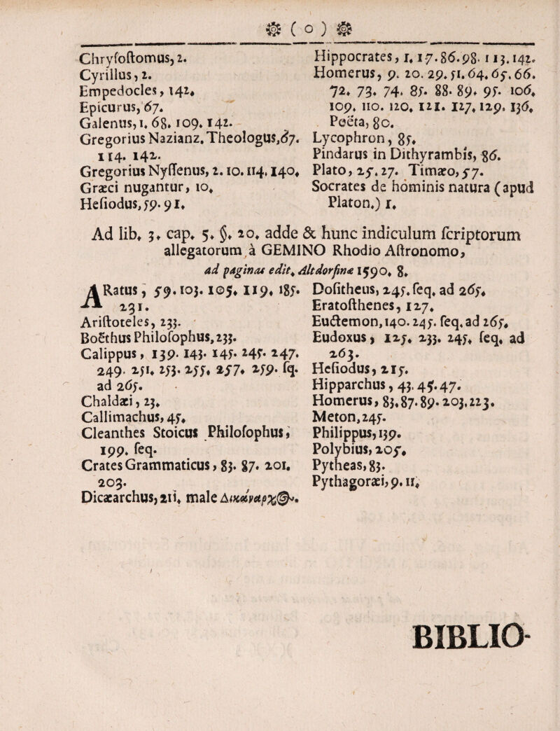 V & C ο ) 0 Chryfoftomus, i. Cyrillus, 2. Empedocles, 142* Epicurus, 67* Galenus, 1, ό§* ΐ09«· T4^· Gregorius Nazianz. Theologus,*?/, i i 4. i4x. Gregorius NyiTenus, 2. 10. 114,140, Graeci nugantur, 10, Heiiodusjp. 91* ---r—.—_ __ __ Hippocrates, i, 17.86.98· 11 3, 141. Homerus, 9.20. 29. μ, 64.6$. 66. 72. 73. 74. 87* 88- 89. 97· '°6, 109. 110. no. IU. 127,129.136, Poeta, go. Lycophron, 8 3. Pindarus in Dithyrambis, 86. Plato, 27.27. Timaeo,77. Socrates de hominis natura (apud Platon.) r. Ad Iib, 3, cap. 5. §, 20. adde & hunc indiculum fcriptorum allegatorum a GEMINO Rhodio Aftronomo, ad paginat edit, Altdorfina 1590, 8. A Ratus, 79.103.105, II9, 187. 231. Ariftoteles, 233. BoSthus Philofophus,233. Calippus, 139.143· 147· *4f· 247. 249. 231, 233. 237, *77. 2-79- fq· ad 267. Chaldaei, 23, Callimachus, 43, Cleanthes Stoicus Philofophus, 199. feq. Crates Grammaticus, 83. 87· 201. 2°3· Dicaearchus, iti, male Aimtetpx®*· Dofitheus, 243. feq, ad 267, Eratofthenes, 127. Euiiemon,i4o. 243. feq. ad 267, Eudoxus > 127, 233. 243, feq, ad 263. Hefiodus, 217. Hipparchus, 43.45.47. Homerus, 83.87· 89.203,223. Meton, 247. Philippus, 139. Polybius, 207, Pythea$,83. Pythagoraei,9.ii, V BIBLIO 7