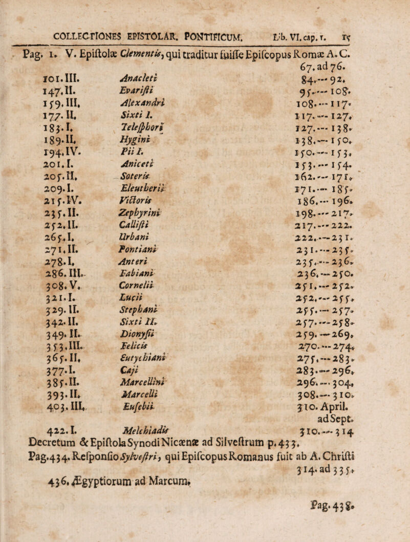 COLLECTIONES EPISTOLAlt. PONTIFICUM. Vb. VI.cap.T. r? Pag. i. V. Epiitolse Clementis^ qui traditur fuiile Epifcopus Roma: A. C. / 67, ad 76. 101. III. Anacleti §4*.— 92* 147. H. Evarifli 9)— ioSv i Alexandri 108·-“ 117« 177. II. Sixti L II7.—127, 18 3 · I. lelefltbori 127.— 138- 189· II. Hygini 13 8*~— iyo* 194. IV. Pii 1. ifp.— in» 201.1. Aniceti 1 f 3. — 1 ^4. 20f.II. ~ Sateris 2 62.'-- 17 209.1. Eleutherii 171.— 18T- 21 f.lV. Vici oris i86* — 196» 23f.II. Zepbyrini 198.-2,17* 2f 2, II. Callifti 217.-- 222. 26f.I. Urbani 222.·—23 Γ* 271,11. Pontiani 231. — 23 f» 278.1. An teri 23 f,.— 236. 286. III. E ab i ani 236, »~2f0. 308. v. Cornelii 2f I*2f2» 321.1. Lucii 2f2,'--2f fV 329. ΙΓ. Stephani f'2^7* 342.11. Sixti 1L 2f7. — 2f8- 349.11. Dionyfii 239.-269, 3 f 3. III. Pelicis 270. *·* 274* 36f.II. €uty chiam 27J\ —283» 577*1· Caji 283·—296* 38f.II· Marcellini 296.-. 304« 393-11. Marcelli 308.»-* 3 IO* 403. III, Eufebii 310· April. ad Septo 422.1. Mekhiadis 310.— 314 Decretum &EpiftolaSynodiNicaente ad Silveftrum p.45?. Pag.4 3 4. )Lz\yon(ioSylvcftri, qui Epifcopus Romanus fuic ab A. Chrifti 314. ad 3 3 f, 436. ^Egyptiorum ad Marcum, Pag. 438.