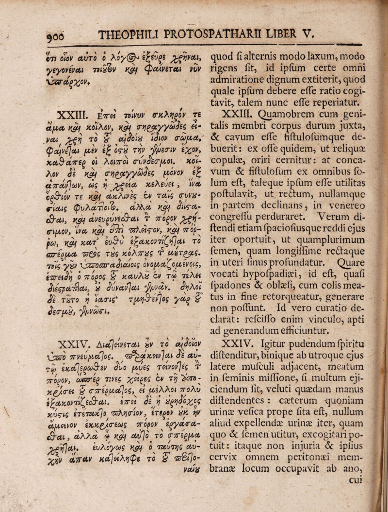 ον οιον αυτό ο λογ@* εφεύρε %ζηναι, γεγονίναι -nixkv K&j φαίνεται νυν ΧΖ&άρχον* XXIII. eV« τδινυν σκληρόν τε αμα yjy χοίλον, καί σηραγγώδες «- * > \ Τ’ j Λ / ■>/£ ~ y&i το £ cudoix ισίον σώμα, <Pafvi]at μεν ε£ es“tf γψεσιν εχον, χα&αττεξ οϊ λοιποί σύνδεσμοι* κοί· λον δε ycy σηραγγώδες μ ον ον ε£ ατταν\ων, ως η κελεύει, ινα ϊξ&ιον τε κμί δίκλινες cv ταίς συνχ* {τίαις Φυλατ\οιδ9* αΤλα KgPf διι^α» e&ai, ιφ ανευρυνε&αι τ πορον χρή¬ σιμον, ’ινα yaf ^τπ ^λόί<τον, καί w°P- pj, KOI xctT ευσυ εζαχοντιζηίαι το σπέρμα πτζ$ς τχς χόλπχς τ? μ^τρμς* ^ V ~ t Λ / 5 ν’ 72?υζσοσσ&όιαιοις ονομα^ομενοις, ετσ&ιδη ο ττορος & χαυλχ ον τω τελεί διεςρατάαι, i δυναν]αι fyvav* δηλοί ην Γ ~ «···*/ ^ λ ' ή Ν Τ’ Λ τ&70 η ιασις* τμηοενμς γαξ X δεσμί, ^νωσι* XXIV. Aioj&VSTdl ίν το cqdoiov \5&το 7τνευμα]ος* 'SJ^βίκαν“)αι δε αυ¬ τά εκοο]έρω&εν δυο μυες τανον]ές τ ττόξον, ω&σεξ■ τ,νες χΆρες ον τη Xra- κρ/,σει 'δ σττερμαίος, η μέλλοι ττολυ .y /v n s > ν c\ « 5 p/ ίξαχοντζζεχται* szr« χρηοοχος κίιτις ετίτακ\ο τζλησιον, ετερον χχ ψ αμοχνον εχκρ/σεως πορον εργασα- $-eu , αλλα μ καί αυ\ο το σπέρμα <u>vflai* ευλογως ycu ο ταυτης αυ- απαν κα\<Ηληψε το % vfci\o- νούχ quod fi alternis modo laxum, modo rigens fit, id ipfum certe omni admiratione dignum extiterit, quod quale ipium debere efie ratio cogi¬ tavit, talem nunc efie repedatur. XXIII. Quamobrem cum geni» talis membri corpus durum juxta, & cavum efie fiftulofutnque de¬ buerit: ex ofie quidem, ut reliqua: copulae, oriri cernitur: at conca¬ vum 6c fiftulofum ex omnibus fo« lum eft, taleque ipium efie utilitas poftulavit, ut reftum, nullamque in partem declinans, in venereo congrefiu perduraret. Verum di- ftendi etiam fpaciofiusque reddi ejus iter oportuit, ut quamplurimum femen, quam longifiime redtaque in uteri linus profundatur. Quare vocati hypofpadkd, id eft, quafi fpadones & oblaefi, cum colis mea¬ tus in fine retorqueatur, generare non poftunt. Id vero curatio de¬ clarat : refeifib enim vinculo, apti ad generandum efficiuntur. XXIV. Igitur pudendum fpiritu diftenditur, binique ab utroque ejus latere mufculi adjacent, meatum in feminis miftione, fi multum eji¬ ciendum fit, veluti qusedam manus diftendentes : cauterum quoniam urinae vefica prope fita eft, nullum aliud expellendae urinae iter, quam quo 6c femen utitur, excogitari po¬ tuit: itaque non injuria 6c ipiius cervix omnem peritonaei mem¬ branae locum occupavit ab ano, cui