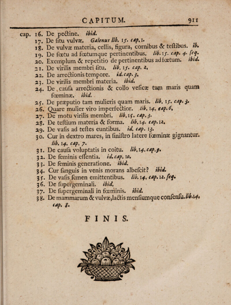 / * ( I CAPITUM. 911 1 — 1'*“ - ■ *  1 . cap. 16. De pe&ine. ibid. 17. De ii tu vulvae. Galenus lib. if. cap, 1. ig. De vulvae materia, cellis, figura, cornibus & teftibus. ib· 19. De foetu ad fcetumque pertinentibus, lib. ij. cap» 4. feq. 20. Exemplum & repetitio de pertinentibus ad f cetum, ibid· 21. De virilis membri litu. ij. ^7. <?♦ 22. De arreftionis tempore, id» cap. 3, 23. De virilis membri materia, ibid. 24. De v caufa arre&ionis & collo veficap tam maris quam foeminae. ibid. 2f. De preputio tam mulieris quam maris, lib, 1/. cap. 3. 26. Quare mulier viro imperfe&ior. lib, 14. cap.6% 27. De motu virilis membri, lib,if. cap, 3. 28. De teftium materia & forma, lib, 14, cap.iz. 29. De vafis ad teftes euntibus. /V, 1*. 30. Cur in dextro mares, in finiftro latere foeminae gignantur. lib. 14, cap, 7. 31. De caufa voluptatis in coitu, lib,14, cap,9. 32. De feminis edentia, id. cap, 10. 33. De feminis generatione, ibid. 34. Cur fanguis in venis morans albefcit? ibid. 3 f. De vafis femen emittentibus, //0. 14« cap. u. feq· 36. De fupergeminali. ibid, 37. De fupergeminali in fceminis. ibid. 3 8. De mammarum & vulvae,la&is menfiumque confenfu.W»l4« - (4P' *· FINIS·