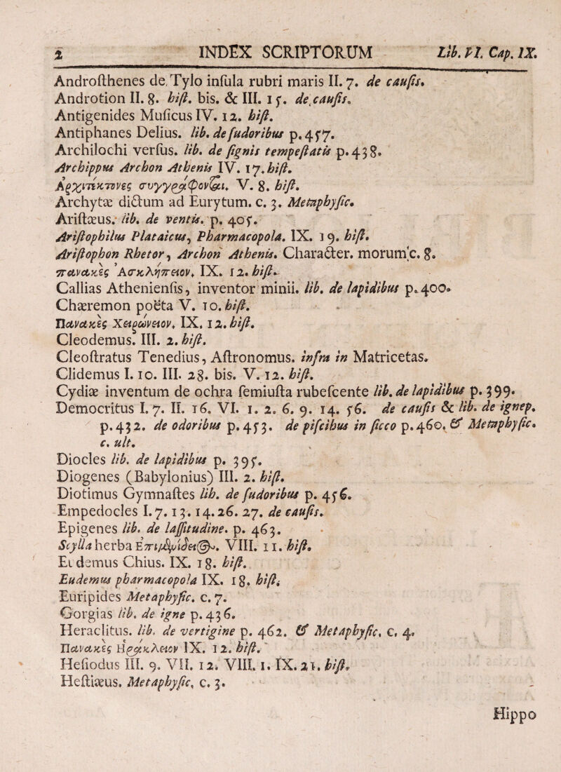 Androfthenes de Tylo infula rubri maris II. 7. de caufis, Androtion II. 8. hift. bis. & III. 1 f. de\caufis. Antigenides MuiicusIV. 12. hift. Antiphanes Delius, lib. defudor ibus p.4f7· Archilochi verfus. lib. de fignis tempefiatis p.438. Archippus Archon Athenis IV. 17>hift. ΛξχίΊΐκττνΒζ (Γυγγρβφον(&ι+ V. g. hi fi. Archyta diftum ad Eurytum, c. 3. Metaphyfic. Arifhcus. lib. de ventis, p. 40f. Ariftop hilus Plataicus, Pharmacopola. IX. 19. hi fi, Artfiophon Rhetor, Archon Athenis. Character. morunVc. g. Ασκληπ&ον* IX. iz.bifi^ Callias Athenieniis, inventor minii, lib. de lapidibus p.400» Chaeremon po^ta V. το .hifi. ΪΙανακϊς Χα^ων&ιον, IX. i i.hifi. Cleodemus. III. 1. hift. Cleoftratus Tenedius, Aftronomus. infra in Matricetas. Clidemus 1.10. III. 28. bis. V. 12. hift. Cydiae inventum de ochra femiufta rubefeente lib. de lapidibus p. 399· Democritus I. 7. II. 16. VI. 1. 2. 6. 9. 14. f6. de caufis & lib. de ignep. р. 432. de odoribus p. 4y 3. de pifcihus in ficco p.4&o. & Metnphyfic, с. ult. Diocles lib. de lapidibus p. 39^. Diogenes (Babylonius) III. 2. hift. Diotimus Gymnaftes lih. de fudoribus p. 45*6. Empedocles I.7.13.14.26. 27. de caufis. Epigenes lib. de lafiitudine. p. 463. Scylla herba E7rt/J^idet@*. VIII. xi. hift. Et demus Chius. IX. 1 g. hift. Eudemm pharmacopola IX. 18. hifii Euripides Metaphyfic. c. 7. Gorgias lib. de igne p. 436. Heraclitus, lib. de vertigine p. 462. & Metaphyfic, c, 4» Πανακες IX. 12. hift. Hefiodus III. 9. VII. 12. VIII. 1. IX. 21. hift, Heftiaeus. Metaphyfic, c» 3. , Hippo