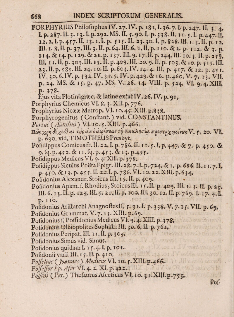 PORPHYRIUS Philofophus LV. 27. IV. p. 18 r ♦ 1.36.7.1. p. 247* ΪΪΓ3 4* Lp.287.IL 3.13.Lp.292.MS.IL f.90.1. p.338.11. ii. f. I. P.447.IL 12.2.1.p. 4f7.IL 13. i.I. p. f if. IL 23. 30. L p. 828.ni. i. 34 fL p. 12. III. 1. 8.11· p. 37.III. 3.ILP.64.IIL 6. iJLp.iio.&i. p. m. & 3. p. 114. & r 4. p. 129. & 2 e, p. 13 7. III. 9.17. II. p. 244. III: 1 o. 3.11. p> 2 f g„ IIL 11. IL p. 309.HL Ef.ILp.409.IIi 20.9-.IL p. f03.& ιο.ρ. p f. III. 2 3 · IL p« f 8 f * IIL 24« 10« II» p, 60 3«IV. 14* 4* HL p· 4 e 7· & 12. p. 4T e. IV. 3 o, 6.1V. p. 392,IV. 3 1. fjv.p.429.^ 16. P.460.V. 7, 13« VII. p. 24* MS.. & i f. p. 47. MS. V, 26. 14. VIII. p. J24, VL 9,4* XIII, p. 378· Ejus vita Plotinigraec. & latine extat IV. 26. IV. p. 9 r* Porphyrius Chemicus VI. g. 3.XH.P.776. Prophyrius Nicaese Metrop, VI. 10.44. XIII. p.g3g, Forphyrogenitus (Conflant.) vid. CONSTANTINUS, P'ortus ( /Jimiiius) VI. 10.4.XIII. p. 464. Ήωςχρη £ίχΒ$~αι ταςα?ro ctioiermv ry Εκκλησία 7ΓξϊΓξξ%ομίν&ς V. f* 20. VL p. 690. vid» TIMOTHEUS Presbyt. PoEdi p pus Comicus fr. Ii. 22. L p. 786. IL 11. f. L p. 447. & 7. p* 4^0. & 9. fq. p. 4f 2. &c τ 1. fq. p. 4 f 3. 1 3, p.4f f. Poiidippus Medicus VL 9.4; XIII. p. 378, Poiidippus Siculus Poeta Epigr. IIL 2 g. 7» I. p. 724. Sc r, p. 6$ 6. II. i i. 7, L p.qfo. & 13. p* 4f f. IL 22.1. p.786. VL 10.22.XIIL p.6|4* Poiidonius Alexandr. Stoicus IIL 1 f. IL p* 409. Poiidonius A pani. f. Rhodius, Stoicus III, 1 f.IL p. 409* IIL 1« 3. IL p. zj. IIL G. 13.II. pi 129. IIL f. 21,11.p, reo.IIL 30. r2,11.p.769. L 17. 4J, p. 1 10. Poiidonius Ariftarchi AnagnoilesII» f. 91.I. p. 3 38. V.7. i f. VII. p. 69* Poiidonius Grammat.V. 7. 1 f. XIII. p.69. Poiidonius L Poffidonius Medicus VL 9.4. XIIL p. 378, Poiidonius Olbiopoiites SQphifta III, 30,6. IL p. 761* Poiidonius Peripat. IIL ia. IL p, 3.09.. Poiidonius Simus vid. Simus. Poiidonius quidam L 1 f. 4. L p» 10 r.. Pofidonii varii IIL 1 f.IL p. 410. Poffelim ( Joannes ) Medicus VL 1 o. f. XIII» p.^GG,· Pojfcjjor Ep.Afir VI. 4. 2. XI. p· 422.. Pojjini {Pet°) The&ui:.us.Aiceticus VL