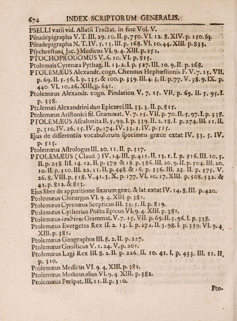 PSELLI varii vid. AllatiiTra&at. in fineVol. V. Pfeudepigrapha V. T. III. 29.10. II. p.7 fo. VI. 12. g. XIV. p. 1 f o. fq. PfeudepigraphaN.T.IV. f.! III.p. 168.VI. 10.44.XIII. P*8j J. Pfychredus ; J ac.) Medicus VI. 9.4. XIII. p. 2 f 1, PTOCHOPRODOMUS V. 6.10. VI. p. 81 f. Ptolemais Cyrenaea Pythag. II. 13.2.I. p. (27. III. 10.9. II. p. 268. PPOLEMAiUS Alexandr.cogn. Chennus Hephaeftionis F. V.7.1 f. Vlf, p.69.II. <j. f6.I.p.??f.& 100.p. 559.III.4.5.II. P.77.V. 38.9.IX. p. 440 VI. 10,26.XIII. p. 64t. Ptolemaeus Alexandr. cogn. Pindarion V, 7. 1 f. VII. p. 69. II. y, 9p. I. p. 3 5 8- Ptolemaei Alexandrini duo Epicurei III. 3 3.3. II. p. 81 f. Ptolemaeus Ariltonicifil. Grammat. V. 7. 1 f. VII. p. 70.II. f. 97.1. p. 338. PTOLEMaEUS Afcalonitall, 3. 99.1. p. 339.II. 2.18.1- p.274.III. 1 i.IL p. 31 ο. IV. 26.1 f. IV. p, 174. IV. 3 3. f. IV. p. 31 f. Ejus de differentiis vocabulorum fpecimen graece extat IV. 33. f, IV. p. ftf. Ptolemaeus AftrologusIII. 20. n.II. p. f 17. PTOLEMiEUS (Claud ) IV, 14.III. p,411.II. 13. i.I. p. f 16.III. 10.3. II. p. 2f 8 III· «4 12,11. p. 379 & i 8. p. 3 86.III. 20. 9. II. p. f04. III. 20. jo. ΙΕρ,ρο.ΗΙ. 22. ii. II p. 448· & 16. p. 336. III. 23. II. p. 373·. V. 26.8. VIII.p. f 18. V.41.3.X. p-177. VI. io. 17.XIII. p. 308. n 2. & 42.p. 8»2.&8i3« Ejus liber de apparitione fixarum graec. & lat. extat IV. 14.8. III. p. 420. Ptolemaeus Chirurgus VI. 9. 4.XUI p. 38 r. Ptolemaeus Cyrenaeus Scepticus III. 33. y. II. p. 819. Ptolemaeus Cytherius Poeta Epicus VI. 9.4. XIII. p. 3 81. Ptolemaeusΐττ&ίτικGrammat.V.7. 1 f. VII p. 69.II. 3.96,!. p. 3 38. Ptolemaeus Evergetes Rex II. 2. 13. Ϊ. p. 272. II. J.98.I. p. 339. VI. 9.4 XII!. p. 3 g r. Ptolemaeus Geographus III. 8.2.II. p. 227. Ptolemaeus Gnofticus V. 1.24. V. p. 20 r. Ptolemaeus Lagi Rex III. 8. 2. II. p. 226. H. 10. 41.1, p, 433, III. 11. II, p. 3 '°· Ptolemaeus Medicus VI. 9.4. XIII. p· 381. Ptolemaeus Medicus alius VI. 9.4 XIII. p. 382, Ptolemaeus Peripat, III. 11. II.p. 31 o. • ■>-!>' ‘ 7. _ ,.· ■ ■ ·. r ' λ,