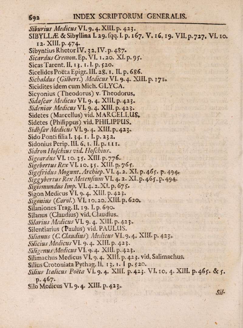 \ < \ * ' Sfi INDEX SCRIPTORUM GENERALIS. - ■■■■■*·wammmmmmmame··*»··' - ·τι  ' T Sihurius Medicus VL 9.4. XIIL p. 42 5. SIBYLLAE & Sibyllina Lag.fqq. L p, 167, V. 16,19. VII, p. 7274 VI, 10, i2· XIIL p. 474. Sibyntius Rhetor IV* 32jV.p.4$7. Sicardus Cremon<► Ep. VL 1.20. XI. p. 9 fd Sicas Tarent. IL13 * 1. L p, f20. SicelidesPoeta Epigr. III. 28»!, IL p>686. Sichaldus ([Gilbert.) Medicus VI. 9.4. XIIL p. 1710, Sicidites idem cum Mich. GLYCA. Sicyonius (Theodorus) v. Theodorus* Sidafcar Medicus VL 9. 4, XIIL p. 423. Sideniar Medicus VL 9.4* XIIL p. 42 3 · Sidetes (Marcellus) vid. MAPXELLUS* Sidetes (Philippus) vid, PHILIPPUS*. Sidhfitr Medicus VL 9* 4. XIIL p* 42 3*. Sido Ponti filia L 34.1* I.p. 232, Sidonius Perip, III. 6,. 1. IL p. ϊ i r. Sidron Hofchius vid. Hofchius„ Sigeardus VL 1 o< 3. f. XIIL p. 776«. Sigebertus Rex VL 1 o* 3 f * XIIL p. y 6f. Sigefridus Mogunt.Archiep.VIL 2* XI. p. 4&f. p, 494» SiggyhertusRexMetenfium VL 4.2, XLp. 46'jvp.4.94... Stgismimdm' Imp. VL 4..2.XL p. 67 f. Sigon Medicus VL 9» 4. XIIL p. 42 T 1 . Sigomus (Car oli) VL 1 o*.2Q, XIIL p* ^.20v Silaniones Trag. IL 1 % L p. 690. Silanus (Claudius) Vid. Claudius.. Silarius Medicus VL 9,4. XIIL p.423·*. < Silentiarius (Paulus) vid. PAULUS. Silianus (C. Claudius').. Medicus VL. 9· ΧΠΓ* p; 42 jv Silicius MedicusVL 9.4. XIIL p. 423. Siligems MedicmV1.9.4. XIIL p.423;. Silimachus·.Medicus VL 9.4. XIII. p. 42 3. vid, S-alimachu^ Silius Crotoniata Pythag, IL i 3 . 1. I p. £2Q,. Silius Italicus Poeta VL9.4. XIIL p.423» VL 10,. 4,· XIIL ρ*4δ$ν & f. p. 467. Silo Medicus VL 9.4, XIIL p. 42 34 Sil· -1 1' /