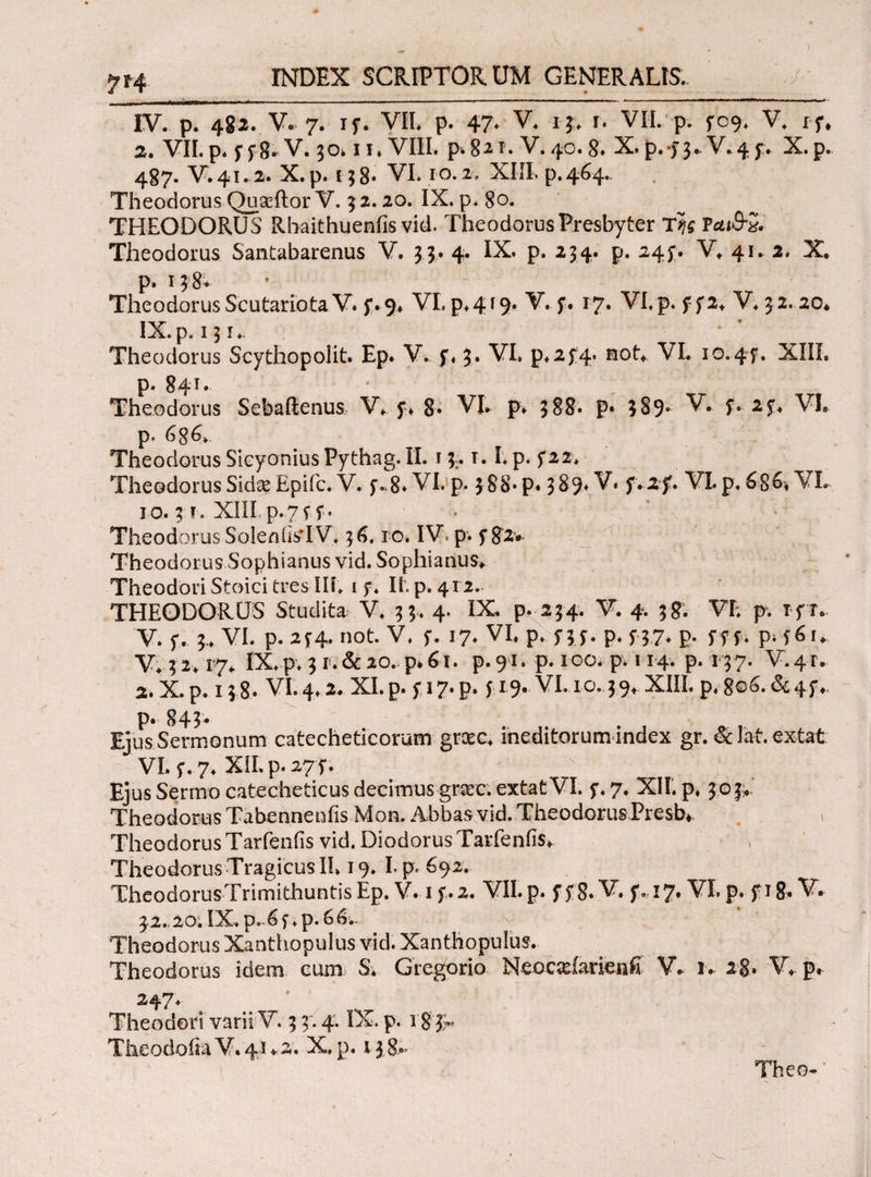 IV. p. 482. v. 7. if. VIL p. 47* V* 1$·* ί. VII. p. 7°9* V. 17. 2i VIL p* y j18* V· ^Oi 11 * VIII. p. 821. V. 40· 8* p· f 3■·■ ^*·4 ί* P· 487. V. 41.2. X. p. 138· VI* 10.2. XIII, p.464. Theodorus Quseftor V. 32.20. IX. p. 80. THEODORUS Rhaithuenfis vid. Theodorus Presbyter Της ΐαι&χ, Theodorus Santabarenus V. 3 3. 4* IX* p. 234. p. 247. V* 41* 2, X· p. 138· TheodorusScutariota V* VLp*4^9· V..f· 17· VI. p. 772. V* 32.20* IX. p. 131*. Theodorus Scythopolit. Ep. V. 7, 3. VI. p*2 74' not* VL 10.47. XIII. p. 841. Theodorus Sebailenus V* f* 8* VL p* 388· p· 3 §9· V* 7. 27* VL p» 6g6* Theodorus Sicyonius Pythag. II. 13,. i. L p. 722. Theodorus Sida; Epifc. V. 7.8* VL p. 3 88* ρ· 389* V* f.zf VL p. 686. VL 10.3:?·. XIII. ρ·7 77· Theodorus SolenilsTV 36.10. IV* p* 7 Theodorus Sophianus vid. Sophianus* Theodori Stoici tres IIL i 7. IL p. 412. THEODORUS Studita V. 33. 4. IX* p· 234. V. 4. 38. VL p. ipv V. 7, 3. VI. p. 274. not. V. 7. 17* VI. p* 75 7· P· 7 57* P· 777* p* 7^1* V* 32* 17* IX. p. 3 1.& 20. p* 61. p. 91. p. 100. p. 114. p. 137. V.415. 2. X. p. 138. VL 4.2. XI.p* 717· p· 719· VL 10.39. XIII. p. g©6. &47* p. 845* Ejus Sermonum catecheticoram grcec* ineditorum index gr. & lat. extat: VI. 7. 7* XII. p. 277. ' x Ejus Sermo catecheticus decimus gnrc, extat VI. 7.7. XIL p. 3 03;*, Theodorus Tabennenfis Mon. Abbas vid. Theodorus Presb*. * Theodorus Tarfeniis vid. Diodorus Tarfenfis* Theodorus Tragicus II. 19. L p. 692. TheodorusTrimithuntis Ep. V. 1 7.2. VIL p. 7 78. V. j%. 17. VI. p. 718* V. 32.20. IX.p. 6f.p. 66. Theodorus Xanthopulus vid. Xanthopulus. Theodorus idem cum S* Gregorio Neocadarienfi V* iv 2g. V*. p, ^47· Theodori varii V. 3 3.4. IX. p. 18 3- Tlieodofia V. 41 * 2. X. p. 13,8^ Theo- ·