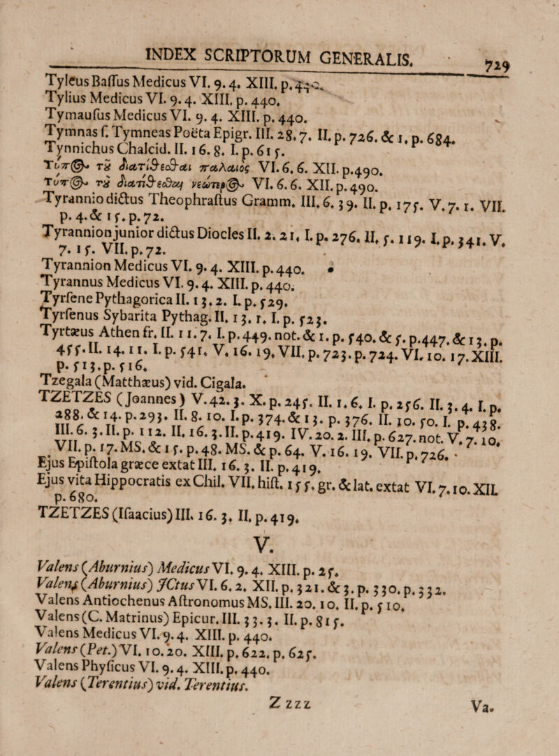 ?i9 Tyleus BalTus Medicus VI. 9.4. XIII. p, 4*0. Tylius Medicus VI. 9.4. XIII, p. 440. TymaufusMedicus VI. 9.4. XIII. p. 440. Tymnas f.TymneasPoetaEpigr. III. 2$, 7. II.p. 726. & 1. p. 6g4. Tynmchus Chalcid. II. 16.g. I. p. 61 f. r TυτΓ@+ τ5 JiariSecd-ai παλαιός VI. 6, 6. XII. p.490. TdV©. t% hariS-z&Kf ηωτιι@* VI. 6.6. XII. p. 490.* Tyrannio diftus Theophraftus Gramm. III, 6,59. II. p. 17C. V.7. r. VII p. 4·&ϊ f.p.72. *' Tyrannion juniordidusDioclesII. 2.21,1.p. 276. II, j. 119.1.p. J41.V. 7· i f· VII, p. 72. Tyrannion Medicus VI. 9.4. XIII. p. 440. . Tyrannus Medicus VI. 9.4. XIII. p. 44ϋ; Tyrfene Pythagorica II. 13.2. Lp,f29· Tyrfenus Sybarita Pythag.II. 15. r. I.p. Tyrtaeus Athen fr. II. 11.7.1. p. 449. not. & 1. p. f 40. & f. p.447. Sc 13. p. 4ff.II. 14. μ. I, p. f4r, V. 16.19. VII,p. 723. p. 724.VI. 10.17.XIH. p.fij.p.fiG. ' - Tzegala (Matthaeus) vid. Cigala. TZoIlES (J°annes> ν·4Μ· X·p. II. r. 6.1. p. lfί. II. 3. 4. r. p. HI fi * Ii' P'29}' rr' 8;IOu-P' J74-& · J. p. 176. II. jo. fo. I. p. 4Jg. III. 6.3. II. p. it 2. II. 16.3. II. p. 419. IV. 20.2. III. p. 627. not V 7 10 VII. p , 7. MS. &, f. p. 48. MS. & p. 64. 9 VII. p.726.· Ejus Bpiftolagraeceextat III. 16.3. II. p.419. v E-iUS 6goHiPP°CratiS exChi1· VII*hiH· MDgr.&ht.extat VI.7.10.XIL TZETZES (Ifaacius) III. 16. 3. II, p. 419, V. Valens (Abundus) Mcdkus VI. 9.4. XIII. p. 2f. Valenf (Aburnius) ‘JCtusVI. 6.2. XII. p. 321. & 3. p. 3 30, p. 3 32. Valens Antiochenus Aftronomus MS. III. 20.1 ο. II. p. f 10, Valens(C. Matrinus)Epicur.III. 3 3. j. II. p. gi f. Valens Medicus VI. 9.4. xm. p. 440. Valens (Pet.)VI. 10.'20. XIII. p. 622. p. 62f. Valens Phyficus VI. 9.4. XIII. p. 440. Valens {Terentius')vid. Terentius. Z zzz Va.