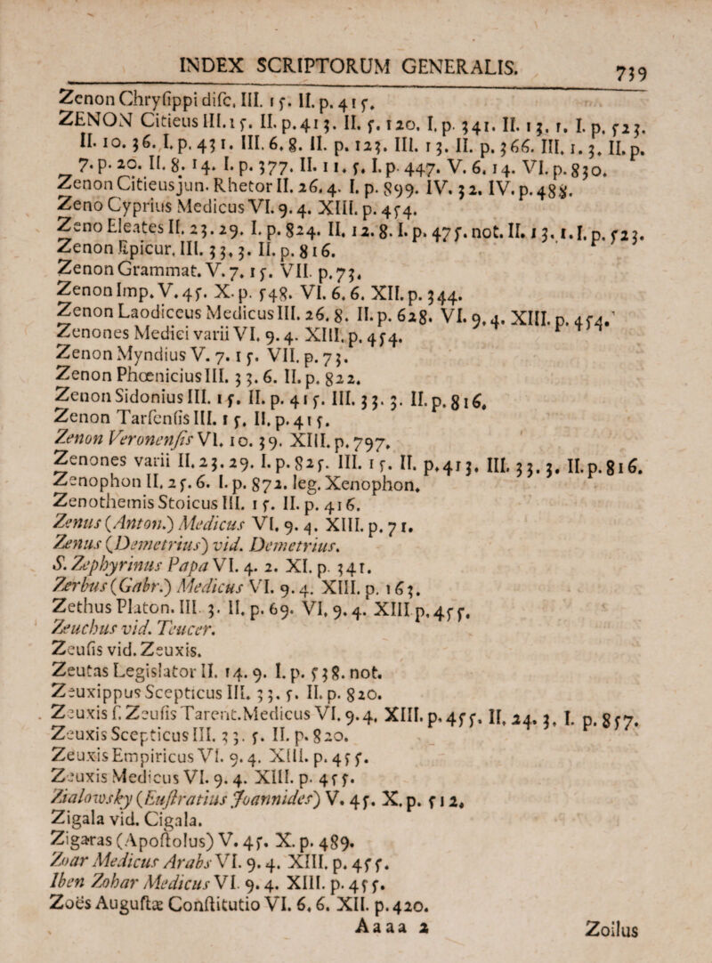 759 Zenon Chryfippi dife. III. 15·. II. p. 415·. ZENON Citieus UI.i y. II. p. 413. II. f. 120.1,ρ. ;4i. II. 1 j. r, I. p. j. II. 10.36. I.p.431. III.6.g. II. p. 123. III. r 3. II. p.366. III. 1.3, II.p. 7. p. ao. If. g. 14. I. p. 377. II. 11. y, I.p. 447. V. 6.14. VI. p. g30. Zenon Citieusjun. Rhetor II. 16.4. I. p. 899. IV. 3 2. IV. p. 48*. Zeno Cyprius Medicus VI.9.4. XIII. p. 4^4. Zeno Eleates II. 23.29. I. p. 824. II. 12.8· I. p. 47;. not. II. 13. i.I. p. e23. Zenon Epicur, III. 3 3,3. II. p. 816. ZenonGrammat. V.7, ly. VII. p.73. ZenonImp.V.4f. Χ·Ρ H8· VI.6.6. XII.p.344. ZenonLaodiceusMedicusIII.26.8. Π.ρ.628. VI. 9,4. XIII. p. 4Ρ4.' Zenones Medici varii VI. 9.4. XIII, p. 434. ZenonMyndius V. 7.1 y. VII, p.73. Zenon PhoeniciusIII. 33.6. II.p. 822. Zenon Sidonius III. if. II. p. 41 y. III. 33.3. II. p. 816. Zenon Tarfeniis III. t y. II. p.413. Zenon Ver ane nfi r VI. 10.39. XIII. p. 797, Zenones varii II.23.29.1.p.Say. III. ty. II. p.4r3. III. 33.3. II.p.816. Zenophon II, 2 f. 6. I. p. S72. leg. Xenophon* Zenothemis Stoicus IiL 1 f. II. p. 416. Zenus (Anton.) Medicus VI, 9. 4. XIII. p. 7 r. Zenus (Demetrius) vid. Demetrius. S. Zephy rimis Papa VI. 4. 2. XI. p. 34T. Zerbus(Gahr.) Medicus VI. 9.4. XIII. p. 16$. Zethus Platon. IIL II. p. 69. VI, 9.4. XIHp,4cct Zeuchus vidTeucer. Zeuiis vid. Zeuxis. Zeutas Legislator II. [4.9. Ι,ρ. Π8. not. ZeuxippusScepticus IIL ;f. II* p. 820. Zeuxis f. Zeuiis Tarent.Medicus VI, 9.4, XIII, p, 45-r. I[t 24, j# p# of7# Zeuxis Scepticus III. 7,5. f. II. p. 820. Zeuxis Empiricus VI. 9.4. XIII. p* 4f f. Zeuxis Medicus VI. 9. 4. XIII. p. 4 f f. Zialowsky (Euflratius Joannides) V. 4 f. X, p. p 12. Zigala vid, Cigala. Zigaras (Apoftolus) V. 4f. X. p. 489, Zw Medicus Arabs VI. 9.4. XIII, p, 4f f 4 /ta» Medicus VI. 9.4. XIII. p. 4f f. Zoes Augufte Conftitutio VI. 6,6. XII. p. 420.