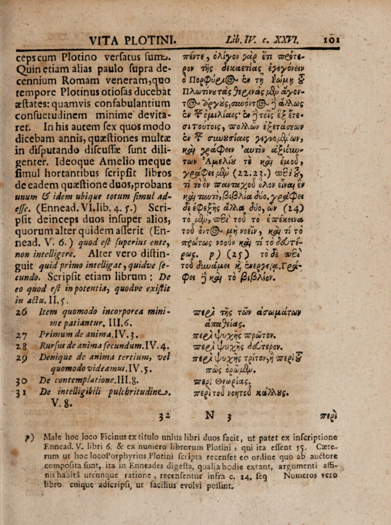 cepscum Plotino verfatus fuirtj. Quin etiam alias paulo fupra de¬ cennium Romam veneram^quo tempore Plotinusotiofas ducebat jcftates; quamvis confabulantium confuetudincm minime' devita¬ ret. In his autem fex quos modo dicebam annis, quaeftiones multae in difputando difcufTae funt dili¬ genter. Ideoque Amelio meque fimul hortantibus fcripiit libros de eadem quacftione duos,probans unum idem ubique totum fimul ad· ejfe. (Ennead. Vl.lib. 4. f.) Scri- pht deinceps duos infuper alios, quorum alter quidem afferit (En- nead, V. 6. ) quod efi fuperlus ente^ non intclUgere, Alter vero diftin- guit quid primo intelligat ^quidve fe¬ cundo^ Scripfit etiam librum : De eo quod efl in potentia^ quodpc exiflit in aidu, II, 5*. a6 Item quomodo incorporea mini· me patiantur^ Ill.<^. 27 Primum de animaW* 2 S Rurftu de anima fecundumAV» 4.’ 2p Denique de anima tertium, vel quomodo videamus, 5. 50 De contemplatione 31 De intcWigibili pulchritudine^, V. 8. 3^ Tcmt, ολίγον γχζ ϊτι -sdoti- ξον τ^ς Jitcaejlag^ i^yivciu ο Πθξφυρ/@^ ce τ>) § n\coTiVisrdg ^ίζ/νας οίγον· 7©^ '^yisgy<mvin@^ 'A αί,Ιλως * <Γϊ* » . / * ·Λ fv Λ » V ον 'Γ ομίλίοο^ς* C4 ^τας ep, sie· ffiTouToigy νΰΌ?λών ί^ετασΈ^ν CV 7 a^iwne-tcug γίγνο/^'αιν, ^α,φαν ^οωτϋν cl^icwj-^ των ^Αμελίίί τβ έμο^, (22.2^.) 'ZoSiL· t \ λ \’ t ' cr Λ τι η ον isrot^Tuxoo ολον είναι εν ταοτ^,βιβλία όΰο, Ji εφεζι^ς ά?λα JuOy ων (14) το/«ν>'2^'TcJ το ετΰ:εκ9ΐνα T0(S οη(^ μη νοίίν , τί το τΓξωτως vooL· li το £Ug, ρ) (zf) το SI 2E7&' ToJ 3υυυοίμΗ ^ ψα 70 βφλίον. Tfftp), της των οίο-ωμάτων ctTca^iag, ττερ). φνχης ’ζυ’ρωτον, vetp} φοχ^ς ^όΟτερον, ττερ/ φοχης Τξίτον^η 'Ζΰ'ίξ}^ ττως οοωΑμ, τχϊερ) Θεα)ξίας, η'εξ) τοί νοητοί κα?λας· Ν 3 f - ρ) Male hoc loco Picinus cxtitulo unius libri duos facit, ut patet ex infcfiptione Fnnead. y. libri 6. & ex nunjcro librorum Plotini > qui ita ciTent 55. Cxtc- rum ut hoc locoPorphyrius Plotini fciipta reccnfct eo ordine quo ab auftore compofita funt, ita in Enneades digcfta, qualia hodie extant, argumenti affi¬ nis habita utcunque ratione , recenfentur infra c. 24. feq Numeros vero libro cuique adfcripfj^ ut facilius evolvi peffint^