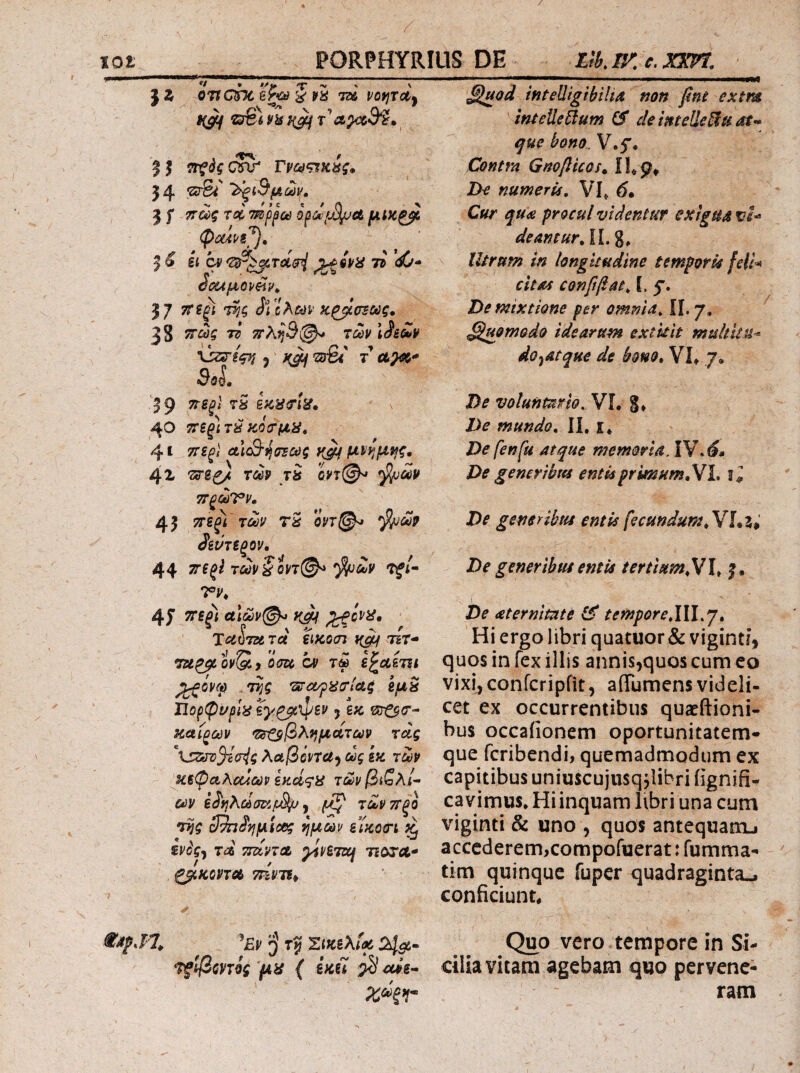 f» X% OTtQfXsf^ S va TU vorTUrn ^ V _ov K Ckx * ©i2i ^ 15 τΓξός c»nr 54 ‘2crSi' ^ίΒμων, 5 f τίί o^dfj%jA μικ^ 5 ^ Ιί ^ '^^τοίσ^ ri <ί6- Sou^Qv^y^ 57 W ^Vlhcdv κ^σ^ως, 38 7ί TThfjSi^ των \Si6uv \^ίφί y ' ίφι 'sSi τ α^- SoL '59 S 40 7Τ£ξ]τ^ κόο’μ.ίί, 41 57£^/ αι&^ιΤΈωζ μ^μί^ζ, 4 i των τί οντ^ τΓξωΎ^ν, 45 ττεξΐ των rS οντ/^ •^^ωρ ^£ΐνΤ£ξθν· 44 ;7·ί^^ τώ^δΐ'τ©^ τιξί· 7°ν^ 45 ττε^ι αΐων^ f(Jii ' Τίί(^72« Tcf eifcocn ιίτ Tu^ovQ^y 'om cv τω i^umt ^όνφ .τ^ς '3ra/p^crici4 ίμ^ Ώορψυμ^ εγ^’φζν j ζκ καίξων *Ζ5^βλ^μίΐτων rdg ^XszkTD^aig λαβόντα^ ως g« των ‘Η£ψαλα4ωρ ίκα^α των /3i£a/- ων ίίν}λωσ^μ^ψ J μζ' τωνττξο Tjjg ίΐ^^ημίΰθς ^μων είκοσ-ι ^ iv^gj τα ^vzu ^vSTUf τίοΧΛ- ξβίΚοντΛ τηντί^ / ✓ inteUigibilta mn fint extm ' inieUe^lum C5 deimelle^Hat’^ que bono. V.f. Contra Gnoflicos^ iUp» numeris, Vl^ 6· Cur qu<ie procul videntur exigua vi^ deantur, Π. g* Utrum in longitudine temporii feli-* citas οοηββΜ, 1. De mixtione per omnia, II. 7, Quomodo idearum extklt muitku^ do^atque de hno, VL 7· De voluntario, VL §♦ De mundo, II, i* De fenfu atque memoria, ,6m De generibus entisprimum,Vl, De generibus entk fecundum, YUH De generibus entis tertium,V\, 5, De aternime tempore\\\,j. Hi ergo libri quatuor & vigint?, quos in fex illis annis^quos cum eo vixi^confcripfit, aiTumens videli¬ cet ex occurrentibus quaeftiohi- bus occaiionem oportunitatem- que fcribendi, quemadmodum ex capitibus uniuscujiisq jlibri iignifi- cavimus. Hi inquam libri una cum viginti & uno , quos antequanij accederem,compofuerat:fumma- tim quinque fuper quadraginta^ conficiunt* €apJX ^Ev 5' T? ΣικελίαQuo vero tempore in Si- ^Ιβοντίς ya { im cilia vitam agebam quo pervene- ' ram