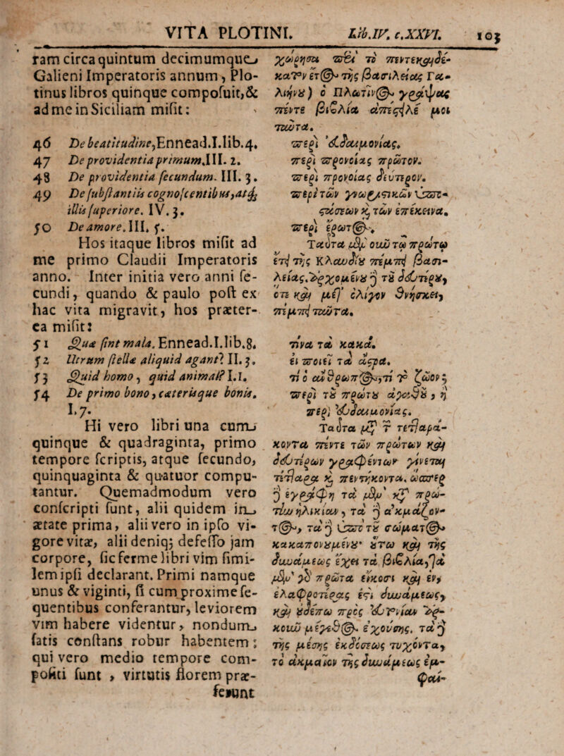 10} ram circa quintum decimumquo Galieni Imperatoris annum, Plo- tinus libros quinque coropofuit,& ad me in Siciliam miiit: 46 Ώύ ^^4//VW/WjEnneat3.I.Iib.4* 47 De providentia primumS 11. 2. 48 De providentia fecundum. III. 3· 49 De ]ιώβ antlia cognolc entibus ^at^ illis[uperiore, IV. 3. JO DeamoreAll* f. Hos itaque libros mifit ad me primo Claudii Imperatoris anno. Inter initia vero anni fe¬ cundi, quando & paulo poft ex hac vita migravit, hos praeter-, ca mifit: SI //»/ W4/4, Ennead.I.lib.8, J z Utrum fella aliquid aganP. II. 5. 13 ^luld homo quid animal?\,\» 14 De primo bono, caterisque bonis, 1.7. Hi vero libri una cunu quinque & quadraginta, primo tempore feriptis, atque fecundo, quinquaginta & qu-atuor compu¬ tantur. Quemadmodum vero conferipti funt, alii quidem ‘ aetate prima, alii vero in ipfo vi¬ gore vit£C, alii deniq5 defeiTo jam corpore, fic ferme libri vim fimi- lemipii declarant. Primi namque unus & viginti, fi cum.proxime fe- quentibus conferantur, leviorem vim habere videntur, nondurru fatis cenftans robur habentem: qui vero medio tempore com- poftti funt > virtutis florem prar- fc»uat fictlPv Βτ@^ τί? βΛαΊλξίοος Tec^ λιψϋ) b ΠΛλτΤι'^ ^^φοίζ τήηΒ βιζλΐΛ άτπζ^Κί Tcevra, ·2ΰ·£ξ) Jocaμομίας, ΤΓΒξι ‘Ζΰτξοί'οί'χς Tt^mov· νίΓΒξΐ ττρονοίας ίίύπξον, •ΖΓΒρΙτύύΡ ςζόστωρ κ, τουρ ίττίκοχνα^ 'Ictlrct tjSf QWjTtp τΓ^ύίτω ίτ^ TJj; Κλοω^Ια ττίμτπΐ βασι· λίίαςΙ^ΙξχομΒρα ra ΟΤΙ i{gLf μι} ολίγον SvijOTceij ττίμτπί ΊζώτΛ, τίνΛ Tfli Μ,αΚΛ, ii τΰΌΐίί 7ci α^α» / « V Q * V y V 77 0 Τ ζ^ορ, ΤΓξωτα , η ΤΓΒξ] '^djdouuonag, TaJra ^ r re^japcL^ KOVTU TtivTi των τΓ^ωτων r{gq ί(£)τίΰων γραφίντων yivSTXf τίτιαρμ Kj TrevTv.KovTt*, ούσττΒζ 0 ^ 7ΓΡώ· τί'Μ^ικίοον ^ Tci α^κμοο^ον^ \ssrcT^ σύύματ@^ κακαποναμξνα* ζτω ΐ(^ τής SwjduiUiq ϊχΗ Ία,βίζλίαβΙΰί /4^' Ρ-δ' ηξωτα UKotri ivp ελαφξοτίρμς is') οίιουοίμΒως^ f(^ ύσίπω προς '^djlpviotA Koiw μίγί&(^ εχούοης, τω β της μέσης ϊκ^ίσΈως τυχόντα^ το οίκμαΑον τηςίιωάμεούςεμ· φοίί^