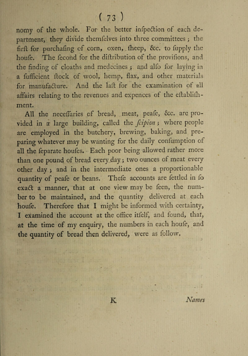 nomy of the whole. For the better infpeCtion of each de¬ partment, they divide themfelves into three committees ; the firft for purchafmg of corn, oxen, fheep, &c. to lupply the houfe. The fecond for the diftribution of the provifions, and the finding of cloaths and medecines 5 and alfo for laying in a fufficient fcock of wool, hemp, flax, and other materials for manufacture. And the lad for the examination of all affairs relating to the revenues and expences of the eftablifh- ment. All the neceflaries of bread, meat, peafe, &c. arc pro¬ vided in a large building, called the fcipion ; where people are employed in the butchery, brewing, baking, and pre¬ paring whatever may be wanting for the daily confumption of all the feparate houfes. Each poor being allowed rather more than one pound of bread every day; two ounces of meat every other day ; and in the intermediate ones a proportionable quantity of peafe or beans. Thefe accounts are fettled in fo exaCt a manner, that at one view may be feen, the num¬ ber to be maintained, and the quantity delivered at each houfe. Therefore that I might be informed with certainty, I examined the account at the office itfelf, and found, that, at the time of my enquiry, the numbers in each houfe, and the quantity of bread then delivered, were as follow. K Names