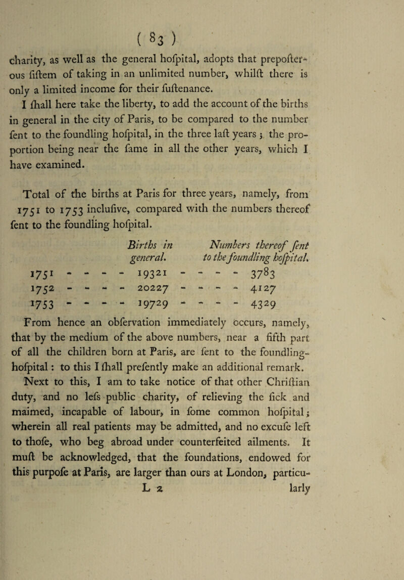 charity, as well as the general hofpital, adopts that preposter¬ ous fiftem of taking in an unlimited number) whilft there is only a limited income for their fuffcenance. I Avail here take the liberty) to add the account of the births in general in the city of Paris, to be compared to the number fent to the foundling hofpital, in the three laft years $ the pro¬ portion being near the fame in all the other years, which I have examined. Total of the births at Paris for three years, namely, from 1751 to 1753 inclufive, compared with the numbers thereof fent to the foundling hofpital. 1751 * 1752 - 1753 - Births in general. - 19321 - 20227 - 19729 Numbers thereof Cent to the foundling hofpitah - - “ 3783 - - - 4127 - - - 4329 From hence an observation immediately occurs, namely, that by the medium of the above numbers, near a fifth part of all the children born at Paris, are fent to the foundling- hofpital: to this Ilhall prefently make an additional remark. Next to this, I am to take notice of that other Chriiiian duty, and no lefs public charity, of relieving the lick and maimed, incapable of labour, in fome common hofpital; wherein all real patients may be admitted, and no excufe left to thofe, who beg abroad under counterfeited ailments. It mull be acknowledged, that the foundations, endowed for this purpofe at Paris, are larger than ours at London, particu- L % larly v