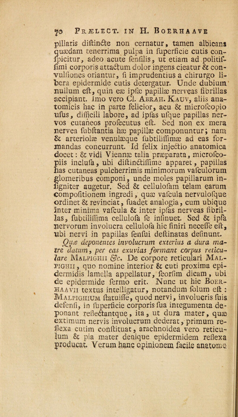 pillaris diftindte non cernatur, tamen albicans quaedam tenerrima pulpa in fuperficie cutis con- fpicitur, adeo acute fenfilis, ut etiam ad politif- fimi corporis attadtum dolor ingens cieatur & con- vulfiones oriantur, fi imprudentius a chirurgo li¬ bera epidermide cutis detergatur. Unde dubium* nuilum eft, quin ea; ipfac papillas nerveas fibrillas accipiant, imo vero Ci. Abrah. Kauv, aliis ana¬ tomicis hac in parte felicior, acu & microfcopio nfus, difficili labore, ad ipias ufque papillas ner¬ vos cutaneos profecutus eft. Sed non ex mera liervea fubftantia hae papilla; componuntur; nam &; arteriolas venulaeque fubtiliffimae ad eas for¬ mandas concurrunt. Id felix injebtio anatomica docet: & vidi Viennae talia praeparata, microfco- piis inclufa, ubi diftindtiffime apparet, papillas bas cutaneas pulcherrimis minimorum vafculorum glomeribus componi, unde moles papillarum in- iigniter augetur. Sed & cellulofam telam earum compofitionem ingredi, quae vafcula nervulofque ordinet & revinciat, fuadet analogia, cum ubique Inter minima vafcula & inter ipfas nerveas fibril¬ las, fubtiliffima cellulofa fe infmuet. Sed & ipfa nervorum involucra cellulofa hic finiri necefle eft, ubi nervi in papillas fenfui deftinatas definunt. Qua deponentes involucrum exterius a dura ma¬ tre datum, per eas exuvias formant corpus reticu¬ lare Malpighii &c. De corpore reticulari Mal- pighii , quo nomine interior &; cuti proxima epi¬ dermidis lamella appellatur, feorfim dicam , ubi de epidermide fermo erit. Nunc ut hic Boer- haavii textus intelligatur, notandum folum eft : Malpighium (latui fle, quod nervi, involucris fuis defenfi, in fuperficie corporis fua integumenta de¬ ponant refledtantque, ita, ut dura mater, qua) extimum nervis involucrum dederat, primum re¬ flexa cutim conftituat, arachnoidea vero reticui lum & pia mater denique epidermidem reflexa producat. Verum hanc opinionem facile anatome