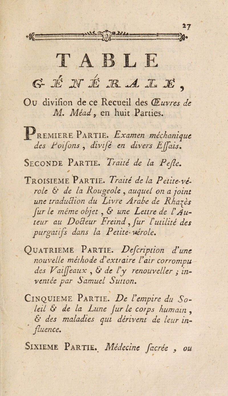 Jddjk §8» TABLE G- JÉ JST JÉ JS. -4. X JS ' Ou divifion de ce Recueil des Œuvres de M. Méad, en huit Parties, *P REMXERE Partie. Examen méchant que des Foifons , dïvijé en divers Efjais. Seconde Partie. Zhh/e de la Pejle. Troisième Partie. 7/yzz/£ Æ la Païte-vé¬ role & de la Rougeole , auquel on a joint une traduction du Livre Arabe de Rhajès fur le meme objet ? <& une Lettre de dAu¬ teur au Docteur Fremd, fur f utilité des purgatifs dans la Petite-vérole. Quatrième Partie. Defcription d'une nouvelle méthode d'extraire U air corrompu des Eaijfeaux , & de l'y renouveller ; in¬ ventée par Samuel Simon. Cinquième Partie. De l'empire du So¬ leil & de la Lune Jur le corps humain , & des maladies qui dérivent de leur in¬ fluence,. N Sixième Partie. Médecine facrée 9 ou