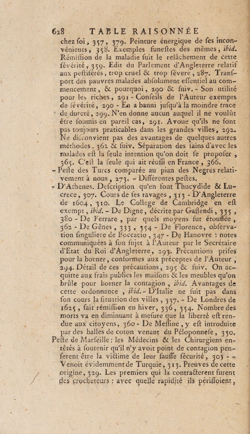 chez foi j 357, 379. Peinture énergique de fes incon¬ vénients , 358. Exemples funelfes des mêmes, ibid* Rémifïion de la maladie fuit le relâchement de cette ievérité, 359. Edit du Parlement d’Angleterre relatif aux peftilerés , trop cruel & trop févere , 2,87. Tranf» port des pauvres malades abfolument elfentiel au com¬ mencement , 6i pourquoi, 290 & fuiv. - Son utilité pour les riches, 291 - Confeils de l’Auteur exempts de ievérité, 290 - En a banni jufqu’à la moindre trace ' de dureté, 299, N’en donne aucun auquel il ne voulût être fournis en pareil cas, 291. Avoue qu’ils ne font pas toujours praticables dans les grandes villes, 292. Ne diiconvient pas des avantages de quelques autres méthodes , 361 & fuiv. Séparation des lains d'avec les malades eft la feule intention qu’on doit fe propofer , 365. C’eil la feule qui ait réufîi en France , 366. «Peife des Turcs comparée au pian des Negres relati¬ vement à nous , 273. - Différentes peftes. » D’Achenes. Defcription qu’en font Thucydide & Lu¬ crèce , 307. Cours de l’es ravages ,313- D’Angleterre de 1604, 310. Le College de Cambridge en efl exempt, ibid. - De Digne, décrite par Gallendi ,335, 380 - De Ferrare , par quels moyens fut étouffée , 362 - De Gênes , 333 , 354 - De Florence, obferva- tion fmguliere de boccaçio , 347 - De Hanovre : notes communiquées à fon fujet à l’Auteur par le Secrétaire d’Etat du Roi d’Angleterre, 293. Précautions prifes pour la borner, conformes aux préceptes de l’Auteur , 294. Détail deces précautions, 293 & fuiv. On ac¬ quitte aux frais publics les maifons & les meubles qu’on brûle pour borner la contagion , ibid. Avantages de cette ordonnance , ibid. - D’Italie ne luit pas dans fon cours la fituation des villes , 337. - De Londres de 1625 , fait rémiffion en hiver, 336, 334. Nombre des morts va en diminuant à mefure que la liberté elf ren¬ due aux citoyens, 360 - De Meffine , y eft introduite par des balles de coton venant du Péloponnefe , 330, Pefte de Marleille : les Médecins ÔC les Chirurgiens en¬ têtés à foutenir qu’il n’y avoit point de contagion pen- ferent être la viétime de leur faufle fécurité, 305 - - Venoit évidemment de Turquie, 313. Preuves de cette origine, 329. Les premiers qui la contrarièrent furent jde$ crocheteiirs : avec quelle rapidité ils périffoient?