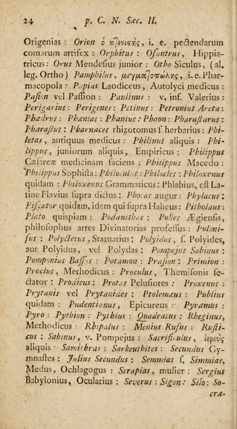 Origenias : Orion o vjtvisYig, i. e. pedendarum comarum artifex : Orphitus : Ofantrus, Hippia- tricus: Orus Mendefius junior : Otho Siculus, (al. leg. Ortho) Pamphilus, puypLOijoifdhYis> i. e. Phar¬ macopola : Papias Laodiceus, Autolyci medicus : Pajion vel Pallion : Paulinus : v. inf. Valerius: P erigar ius : Peri genes: Petilius : Petronius Aret a : Phaedrus : Phanias : Phanius : Phaon: Pharajtarus: Pharajhis: Pharnaces rhizotomus f herbarius: P/;i- , antiquus medicus: PhilinuS aliquis : Phi¬ lippus , juniorum aliquis s Empiricus : Philippus C&fareae medicinam faciens ; Philippus Macedo : Philippus Sophida: Philocai.is : Philocles : Philoxenus quidam : Philoxenus Grammaticus: Phlabius, eft La¬ tine Flavius fupra dklus: Phocas au cur: Phylacus: Pifcator quidam, idem qui fupra Halieus: Pitholaus: Plato quispiam : Podanithas : Polles zEgienfis, philofophus artes Divinatorias profelfus : Poloni- fus : Polytfetus , Statuarius\ Polyidas, f. Polyides, aut Polyidus, vel Polydas : Pompejus Sabinus : Pomponius Bajfts : Potamon : Prafion : Primiori : Procius , Mechodicus : Proculus, Themifonis fe- dator : Proaicus : Protas Pelufiotes : Proxenus : Prytanis vel Prytanides : Ptolemaeus : Publius quidam ; Pudentionus, Epicureus Pyramus : Pyro : Pythion : Pythius : Quadratus : Rheginus, Methodicus : Rhipalus : Menius Rufus : Rufi- cus : Sabmus, v. Pompejus : Sacrificulus, IgpeiV aliquis * Saruithras : Sarkeuthites : Secundus Gy¬ mnades : Julius Secundus : Se nimias C Stmmias, Medus, Ochlngogus : Seropias, mulier: Sergius Babylonius, Ocularius: Severus i Sigon: Silo: So- cra-