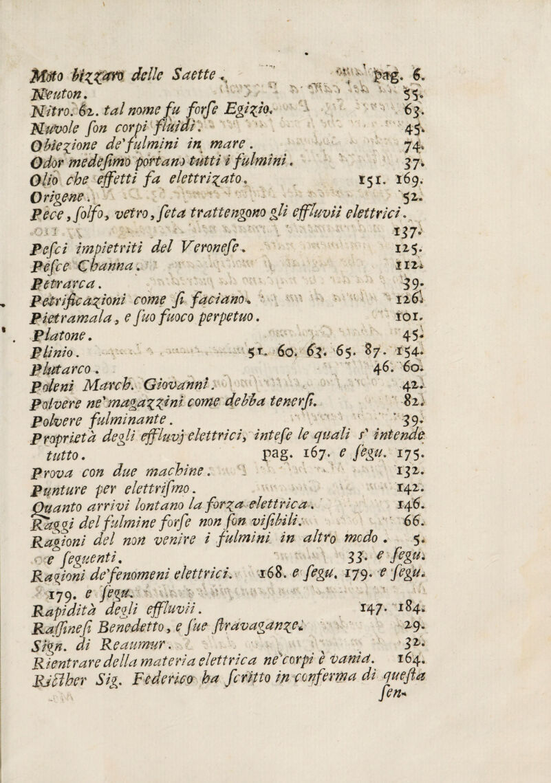 Mòto Mzzàvù delle Saette Neuton. anvT ^ $&g. & ■ M \ ' Nitro. 62. tal nome fu forfè Egizio, Nuvole fon corpi fluidi. Obiezi°n? de'fulmini in mare. Odor me defimo portano tutti i fulmini. Olio che effetti fa elettrizato Origene-.1 *\ \ 1, 1 t* ^ s, 4-r- 55-. 63. ' . '45* 74 37* 151. 169. _^. „ 52. Pece ,folfo.y vetro, fi t a trattengono gli effluvii elettrici . 137. impietriti del Veronefe. 125. Pefce Channa . '■ 112* Petrarca. 39* Pe-trific azioni come fi faci ano* % 12 6\ Pietramala, £ fuo fuoco perpetuo. tò1. Platone. 45- Plinio. 60. 63. 65. 87. i$4. Plutarco . 46. 60* Polenì March. Giovanni. 42. Polvere ne'magazzinicomc debba tenerfi. 82) Polvere fulminante. ' 39* Proprietà degli effluvi elettrici, le quali /' intende tutto. pag. 167. /*?#. I7S- prova con due machine. : 132. Punture per elettrìfmo. -- i42- Quanto arrivi lontano la forza elettrica. 146. Raggi del fulmine forfè non fon vi fi hi li; ■; 66. Ragioni del non venire ì fulmini in altro modo . 5. ,v: e feguentì. ’ ' ' \ 33* € fiiui Ragioni de fenomeni elettrici. 168. 0 179. ? 179. ? figu. Rapidità degli effluvii. . H7- i84^ Raffinefi Benedetto , e fue ftravaganze* *9- ,S7£/z. <5/ Reaumur. ' , ' • • ' '3^ Rientrare della materia elettrica necorpi e vanta. 164. RJffber Sig. Federico ha ferino in conferma di quefta , , fin-