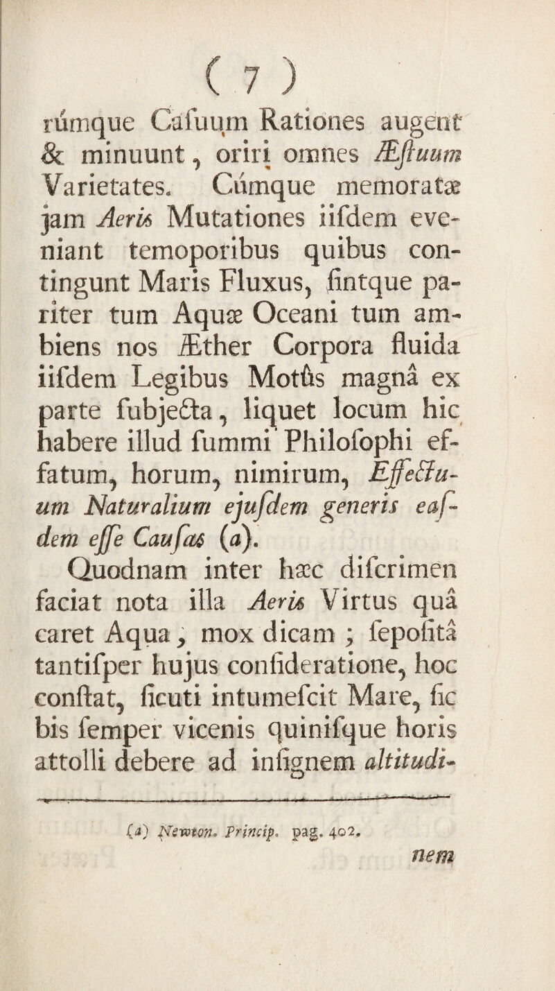 rumque Cafuum Rationes augent & minuunt, oriri omnes Mfluum Varietates. Cumque memoratae jam Aerk Mutationes iifdem eve¬ niant temoporibus quibus con¬ tingunt Maris Fluxus, Fntque pa¬ riter tum Aquae Oceani tum am¬ biens nos ^ther Corpora fluida iifdem Legibus Motfls magna ex parte fubjefta, liquet locum hic habere illud fummi Philofophi ef¬ fatum, horum, nimirum, EffeBu- um Naturalium ejufdem generis eaf- dem ejfe Caufas (a). Quodnam inter haec difcrimen faciat nota illa Aeris Virtus qua caret Aqua, mox dicam ; fepoflta tantifper hujus conlideratione, hoc conflat, ficuti intumefcit Mare, fic bis femper vicenis quinifque horis attolli debere ad infignem altitudi- (a) ^emon. Frincip. pag. 402. nem