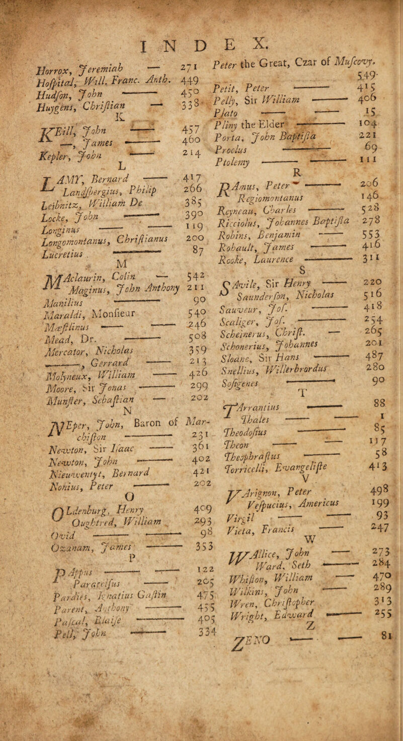 INDEX. jHarr ox, Jeremiah — Hofpital, Will. Franc. Anth. Hudfon, John.- Huygens, Cbrijlian J/FJU, John .—t James Kepler, John 27 \ 449 450 338’ Peter the Great, Czar of Mufam. 5.49- Petit, Peter T AMT, Bernard , -- ^ LanJJbergius5 Philip Leibnitz, William De Locke, John - Longinus  _  Longomonianus, Chriftianus Lucretius . M JOTAclaur in, Cohn *— 542 Maginus, John Anthony 21 1 457 460 2 14 417 266 385 39° 1 *9 200 87 jP/?//v, Sir William PJato -- Pliny the Elder Porta, John Proclus Ptolemy •— 7/7 <2 Maraldi, Monfieur McefAinus --** Mead, Dr. — Mercator, Nicholas G errand. itlolyneux, William Moore, Sir , Munfier, Sebafhan N JSAEper, John, Baron of Mar- ^ ^ chijion --- 2 3 1 Newton, Sir Laac Newton, John — Nieuwentyt, Bernard Nonius, 90 540 ^46 508 359 21 3 426 299 202 R 71 Am us, P eter ~ ——-- Regiomontanus Reyncau, Charles - 1 Ricciolus, Johannes Baptijia Robins, Benjamin- Rohault, James ~-- Rooke, Laurence -- • - — s O Annie, Sir Henry — ^ Saunderfon, Nicholas Sauveur, Jof. Scaliger, 7of ■ ~ Scheinerus, Cnrijl. ~ Schonerius, Johannes Shane, Sir Plans SnAlius, *Wilierbrordus Sojigenes T O /l Ldenburg, Henry Ought red, William (Avid ---— * Qzanam, James -— p Pararelfus - Pardih, Ignatius Gajlin Parent, A . thong - pajgal, U la i/e Pell, -- ^61 402 421 202 409 293 98 353 122 205 475 45 5 4°5 334 <rf*Arrantius - ^ Phales - — PheodoJius *—~ ■ Pheon -* Pheophrafius - 1 Torricelli, Fnjangelijie V . T/Jrignon, Peter  Vefpucius, Americas Virgil — - Vieta, Francis W If/Allice, John — ^ Ward, Seth - Whifion, William Wilkins, John ^ * Wren, Cbrifloghcr Wripht, Edward z zE*° •— 4'5 406 15 IO4 221 69 1 1 I 206 I 46 528 278 551 416 311 220 5l6 418 254 265 201 487 280 90 88 1 85 117 5* 4*3 498 199 93 247 273 - 284 470 289 313 255 8i