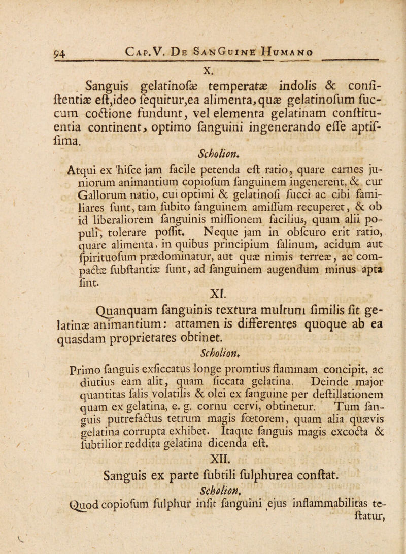 X. Sanguis gelatinofae temperatae indolis <3c confi- ftentiae eft,ideo fequitur,ea alimenta^qu^ gelatinofum fuc- cum coftione fundunt, vel elementa gelatinam conftitu- entia continent* optimo fanguini ingenerando effe aptif- fima. Scholton♦ Atqui ex 'hifce jam facile petenda eft ratio, quare carnes ju¬ niorum animantium copiofum fanguinem ingenerent, & cur Gallorum natio, cui optimi & gelatinofi fucci ac cibi fami¬ liares funt, tam fubito fanguinem amifliim recuperet, & ob id liberaliorem fanguinis miflionem facilius, quam alii po- puH, tolerare poffit. Neque jam in obfcuro erit ratio, quare alimenta, in quibus principium falinum, acidum aut fpirituofum praedominatur, aut quae nimis terreae, ac com- paftx fubftantiae funt, ad fanguinem augendum minus apta fint. xr. Quanquam fanguinis textura multum fimilis fit ge- latinae animantium: attamen is differentes quoque ab ea quasdam proprietates obtinet. Scholion♦ Primo fanguis exficcatus longe promtius flammam concipit, ac diutius eam alit, quam ficcata gelatina. Deinde major quantitas falis volatilis & olei ex fanguine per deftillationem quam ex gelatina, e. g. cornu cervi, obtinetur. Tum fan¬ guis putrefaftus tetrum magis foetorem, quam alia quaevis gelatina corrupta exhibet. Itaque fanguis magis excocfla & fubtilior reddita gelatina dicenda eft* XII. Sanguis ex parte fubtili fulphurea confiat. Scholion, Quod copiofum fulphur infit fanguini ejus inflammabilitas te- ftatur,