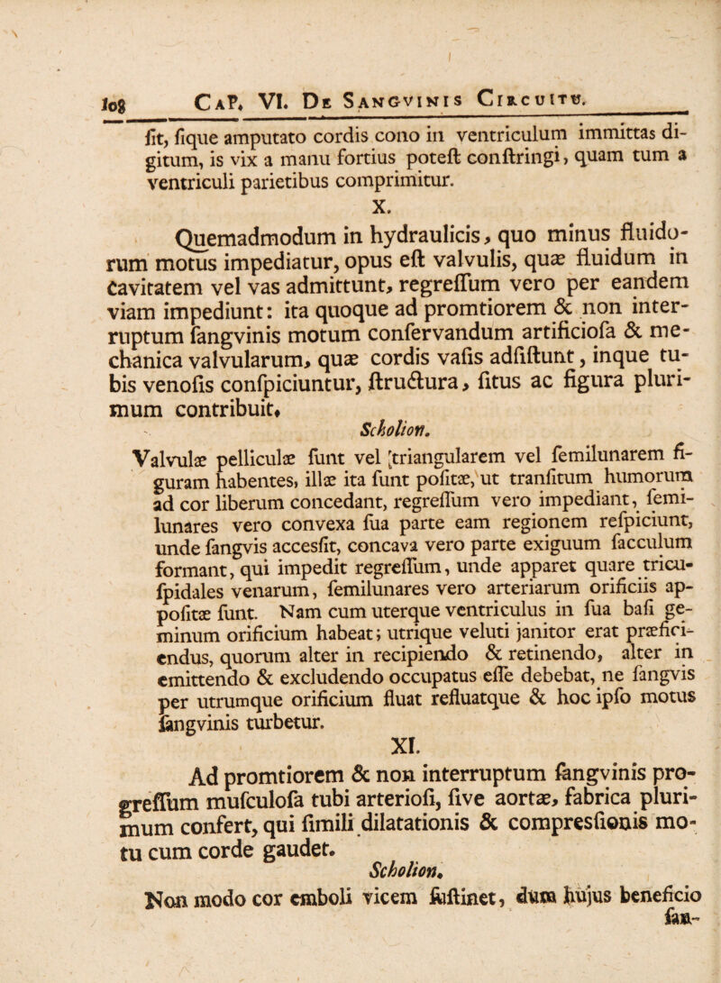 Ut, fique amputato cordis cono in ventriculum immittas di¬ gitum, is vix a manu fortius poteft conftringi, quam tum a ventriculi parietibus comprimitur. X. Quemadmodum in hydraulicis, quo minus fluido¬ rum motus impediatur, opus eft valvulis, qua? fluidum in Cavitatem vel vas admittunt, regreflum vero per eandem viam impediunt: ita quoque ad promtiorem & non inter¬ ruptum fangvinis motum confervandum artificiola & me¬ chanica valvularum, qua? cordis vafis adfiftunt, inque tu¬ bis venofis confpiciuntur, ftrudtura, litus ac figura pluri¬ mum contribuit, Scholion. Valvulae pelliculae finit vel [triangularem vel femilunarem fi¬ guram habentes, illae ita funt pofitae, ut tranfitum humorum ad cor liberum concedant, regreflum vero impediant, femi- lunares vero convexa fua parte eam regionem refpiciunt, unde fangvis accesfit, concava vero parte exiguum facculum formant, qui impedit regreflum, unde apparet quare tricu- fpidales venarum, femilunares vero arteriarum orificiis ap- pofito funt. Nam cum uterque ventriculus in fua bafi ge¬ minum orificium habeat; utrique veluti janitor erat profici¬ endus, quorum alter in recipiendo & retinendo, alter in emittendo & excludendo occupatus efle debebat, ne fangvis per utrumque orificium fluat refluatque & hoc ipfo motus langvinis turbetur. XI. Ad promtiorem & non interruptum langvinis prq- greffum mufculofa tubi arteriofi, five aortas, fabrica pluri¬ mum confert, qui fimili dilatationis & compresfionis mo¬ tu cum corde gaudet. Scholion, Non modo cor emboli vicem luftinet, dura hujus beneficio fau-