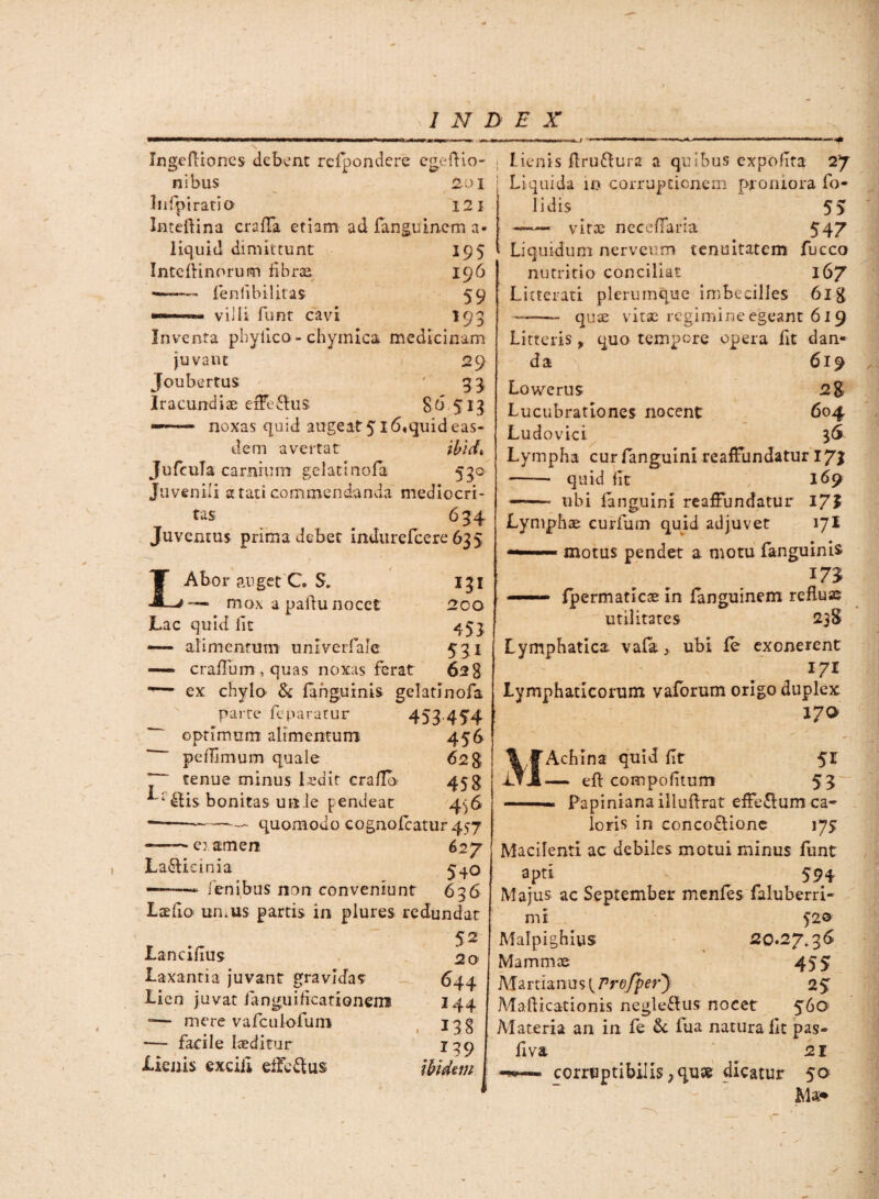 Ingefliones debent rcfpondere egeftio- nibus 201 Infipiratio 121 Inteftina cralFa etiam ad fangumem a« liquid dimittunt 195 Intcflinorum fibrae #• 196 ■—- lenfibilitas 59 —■.i villi funt cavi 193 Inventa phyiico-chymica medicinam juvant 29 Joubertus ' 33 Iracundiae efferus $6 513 —- noxas quid augeat 516«quid eas¬ dem avertat ibid% JufcuTa carnium gelatinofa 530 Juvenili a tati commendanda mediocri¬ tas 6 34 Juventus prima debet indurefeere 635 131 200 453 531 628 LAbor anget C. $. —■ mox a pailu nocet Lac quid fit — alimentum univerfale —— craflum , quas noxas ferat ex chyln & languinis gelatinofa parte feparatur 453-454 optimum alimentum 456 * peffimum quale 628 “ tenue minus l-edit craflo 458 Li £Us bonitas unie pendeat 4^6 —-—— — quomodo cognoicatur 457 --eramen 627 La&icinia 540 —— lenibus non conveniunt 636 Laefio umus partis in plures redundat 52 Lancifius 20 Laxantia juvant gravidas 644 Lien juvat fianguificationenu 144 -— mere vafculofum 13 g -— fadle laeditur 139 Lienis excii! eife&us ibidem | lienis flru&ura a quibus expofita 27 Liquida in corruptionem proniora fo- lidis “ 55 ——- vitae neceflaria 547 Liquidum nerveum tenuitatem fucco nutritio conciliat 167 Litterati plerumque imbecilles 6lg —- quae vitae regimine egeant 61 9 Litteris, quo tempore opera fit dan¬ da 619 Lowerus 28 Lucubrationes nocent 604 Ludovici 36 Lympha curfianguini reafFundatur 173 -* quid fit 169 ——- ubi fanguini reaffundatur 17? Lymphae curium quid adjuvet 171 motus pendet a motu fanguinis 175 — fpermatlcae in fanguinem refluae utilitates 238 Lymphatica vaia, ubi ie exonerent 171 Lymphaticorum vaforum origo duplex 170 MAchina quid fit 5t — eft compofitum 53 ..- Papiniana illuftrat eiFe£ium ca¬ loris in conco£tione 175: Macilenti ac debiles motui minus funt apti 594 Majus ac September menfes faluberri- mi 520 Malpighius 20.27.36 Mammae 455 Marcianus {Pre/per*) 25 Mafticationis negle£ius nocet 560 Materia an in fe & iua natura fit pas- fiva 21 corruptibilis >qux dicatur 50 Ma*