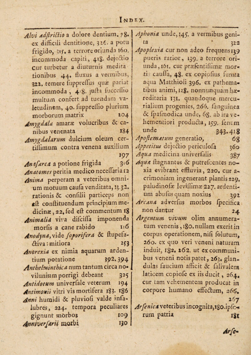 ■■ «r —»*—********** r 1 Alvi adjlrihlio a dolore dentium. ?g* ex difficili dentitione, 926. a potu frigido, sif* a terrore oriunda 160. incommoda capiti, 41S. de}e«flio Cur turbetur a diuturnis medita tionibus 44* fluxus a vermibus, 322. temere fuppreflus quae pariat incommoda , 4'8* ]ufi^ fucccflio multum confert ad tuendam va¬ letudinem, 40. fuppreffio plurium morborum matrix 204 Amygdala amarae volucribus & ca¬ nibus venenata 184 Amygdalarum dulcium oleum cer- tiflimum contra venena auxilium 197 Anafarca a potione frigida 3 Anatomes peritia medico neceflaria 12 Anima perperam a veteribus omni¬ um motuum caufa venditata, 13.32* rationis & confilii particeps non conftituendum principium me¬ dicinae , 22« fed eft commentum 18 AnimalU viva difciflfa imponenda morfis a cane rabido i*6 Anodjnayxide/odorifera & ftupefa- diva: mitiora v 2^3 Anorexia ex nimia aquarum arden¬ tium potatione 592.394 Anthelminthica num tantum circa no» viiunium porrigi debeant 335 Antidotum univerfale veterum 194 Antimomi vitri vis mortifera 18?. 186 Anni humidi & pluviofi valde infa- lubres, 224. tempora peculiares gignunt morbos 109 Anniversarii morbi ip Aphonia unde, 145. a vermibus geni¬ ta * 322 Apoplexia cur non adeo frequens 139 pueris rarior, 139, a terrore ori¬ unda,^!. cur praefentifiimse mor¬ tis caulfa, 48. ex copipfius furata aqua Matthioii 396. ex pathema- tibus animi, ug, nonnunquam he¬ reditaria 131. quandoque mercu- rialium progenies, 2(56. fanguinea & fpafmodica unde, 6g, ab ira ve- hementiori produ&a, 159. fenum unde 343.418 Apofiematum generatio, 6g Appetitus dejedio periculofa 360 Aqua medicina univerfalis 387 Aqua ftagnantes & putrefeentes no¬ xia evibrant effluvia, 220« cur a- crimoniam ingenerant plantis«29« paludinofae leviflime 22.7. ardenti¬ um abufusquam noxius 392 Arcana adverfus morbos fpecifica non dantur 24 Argentum vivum olim annumera¬ tum venenis ,180. nullam exeritin corpus operationem, nifi folutum, 260. ex quo veri veneni naturam induit, ig2« 162. ut ex communi¬ bus veneni notis patet, 26^ glan¬ dulas faucium afficit & falivaiem laticem ccpiofe ex fis ducit, 264« cur tam vehementem producat in corpore humano effedum, 266* 267 Arfenica veteribus incognita,i80.ipfc«* rura patria ig£ Arfe'