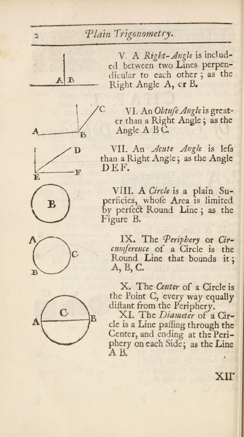 WJ *Plain Trigonometry. V- A Right-Angle is includ¬ ed between two Lines perpen¬ dicular to each other ; as the Right Angle A, cr B. VI. An Obtufe Angle is great¬ er than a Right Angle; as the Angle ABC. VII. An Acute Angle is lefs than a Right Angie; as the Angle DEF. ViII. A Circle is a plain Su¬ perficies, whole Area is limited by perfedt Round Line; as the Figure B. IX. The :Periphery or Cir¬ cumference of a Circle is the Round Line that bounds it: A, B, C X. The Center of a Circle is the Point C, every way equally diftant from the Periphery. XI. The Diameter of a Cir¬ cle is a Line palling through the Center, and ending at the Peri¬ phery on each Side; as the Line AB. XII*